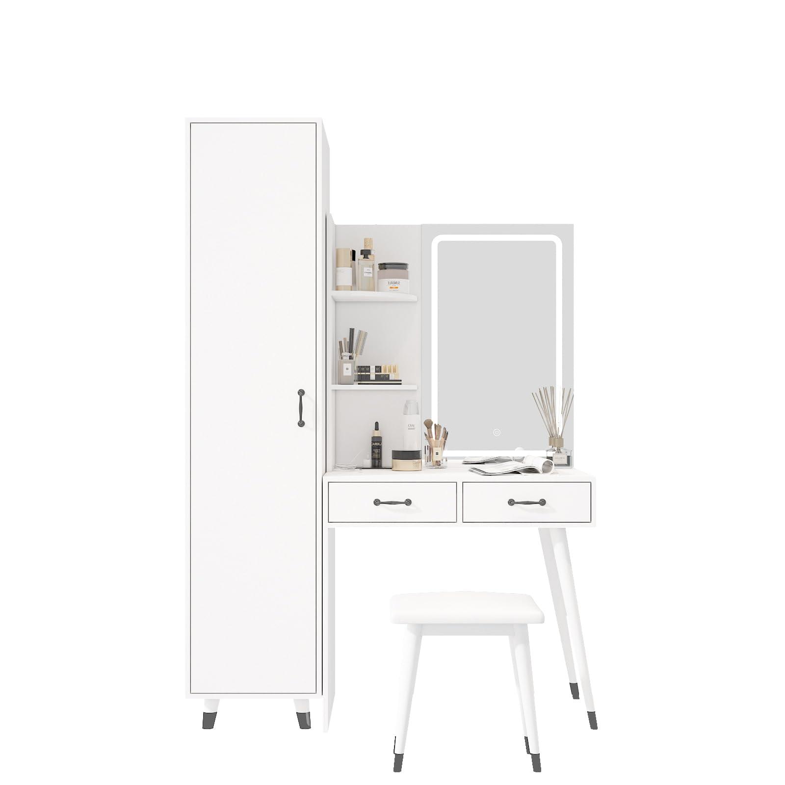 Thxbyebye White Makeup Vanity Desk with Side Storage Shelf, Vanity Table with Slim Cabinet, Dressing Table, Makeup Vanity Set with Side Cabinet, Makeup Vanity Table and Power Outlets, Makeup Table with Shelves