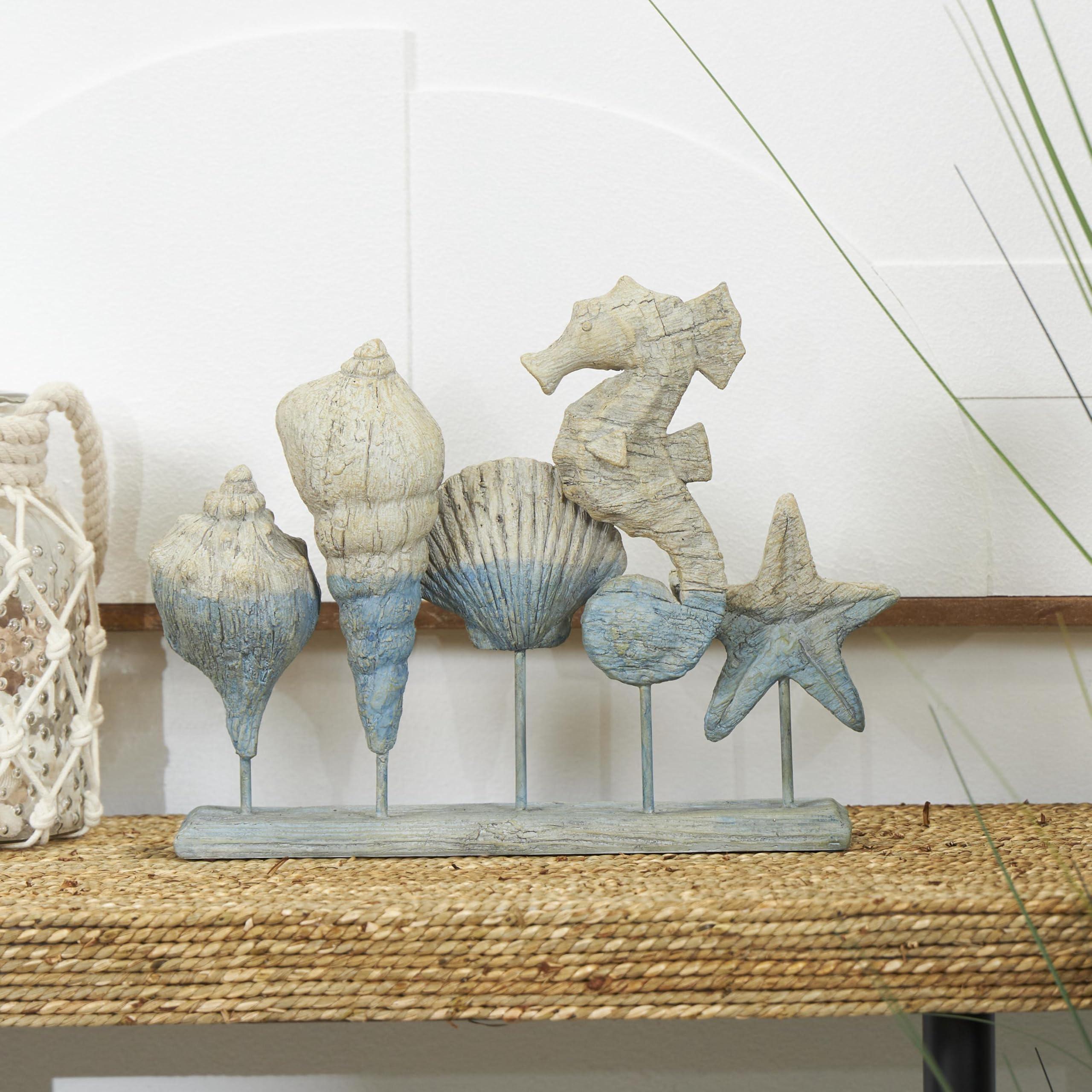 Deco 79 Deco 79 Polystone Shell Decorative Sculpture Textured Ombre Home Decor Statue with Seahorse Accent, Accent Figurine 14" x 4" x 11", Light Blue