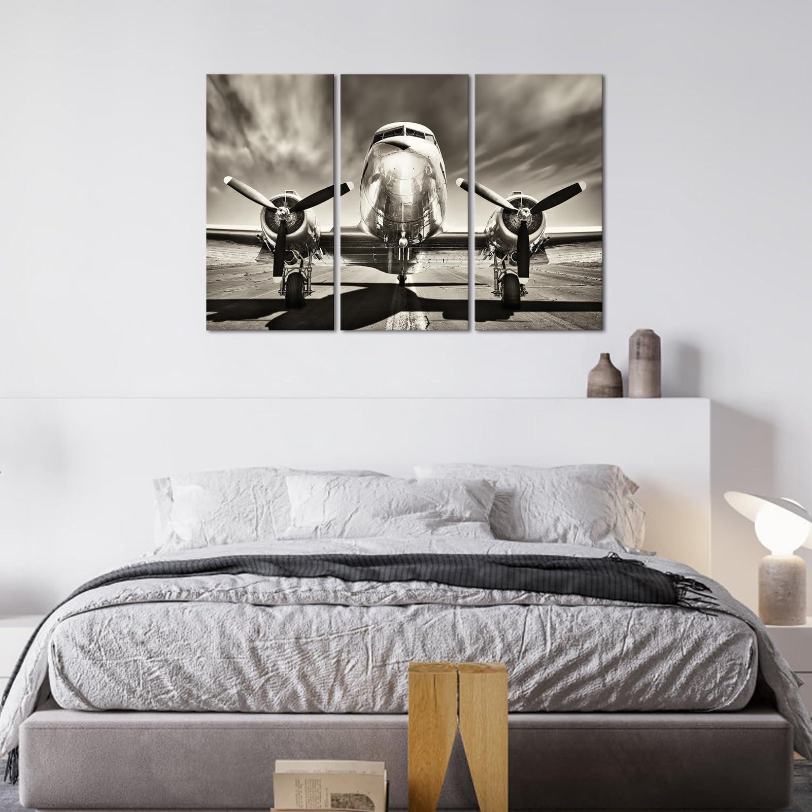 KLVOS KLVOS 3 Piece Airplane Wall Art Vintage Black and white Propeller Aircraft Picture for Boy Room Home Office Modern Home Decor Stretched and Framed Ready to Hang - 16"x32"x3pcs