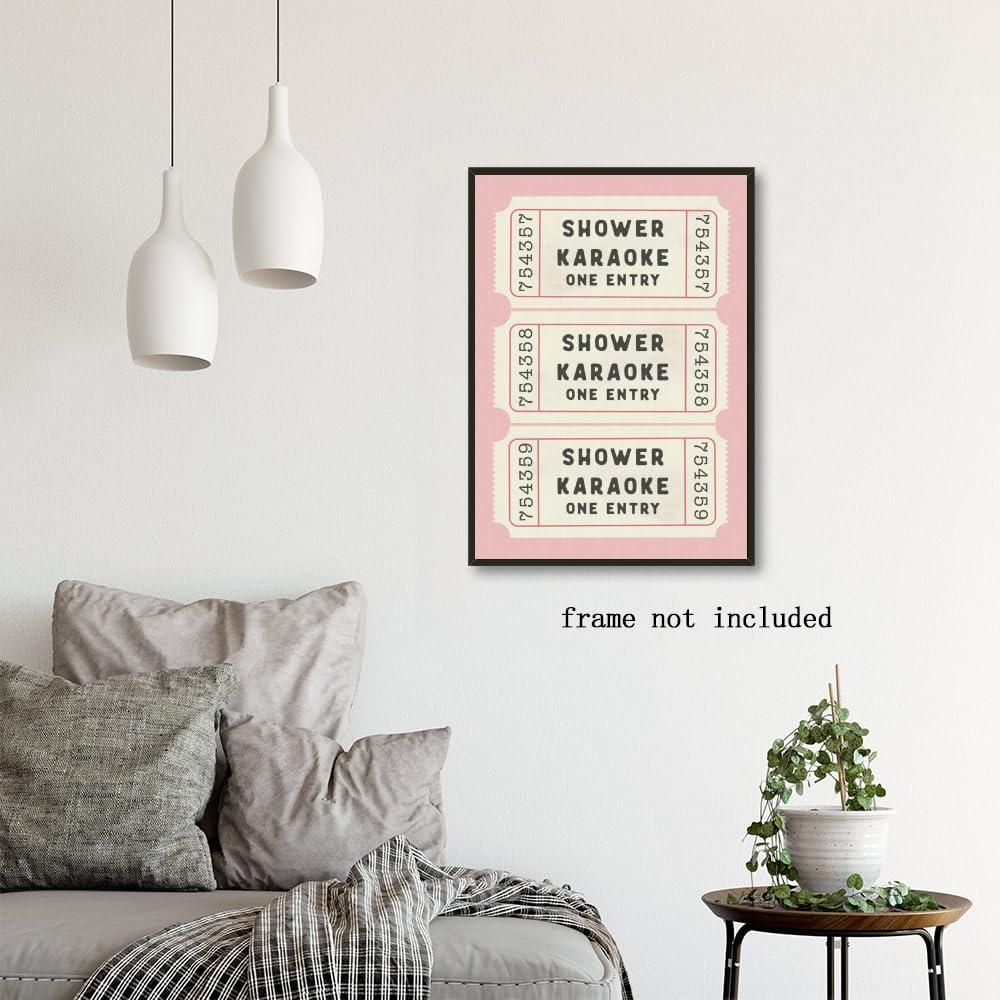 WHQethrial Funny Shower Karaoke Ticket Print Bathroom Canvas Poster for Bathroom Decor, Retro Pink Toilet Wall Art, Cute Bath Decor, Aesthetic Bathroom Art, Guest Bathroom Canvas Wall Art 8x12inch Unframed