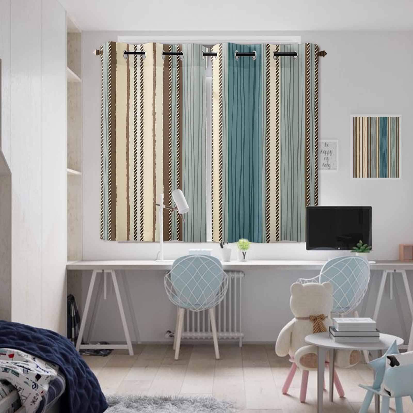 Shine-Home Window Curtains 72 Inches Length,Teal Blue Green Striped Boho 2 Panels Grommet Kitchen Cafe Curtains & Drapes Window Treatment for Living Room/Bedroom Antique Southwestern Native Pattern Tribal