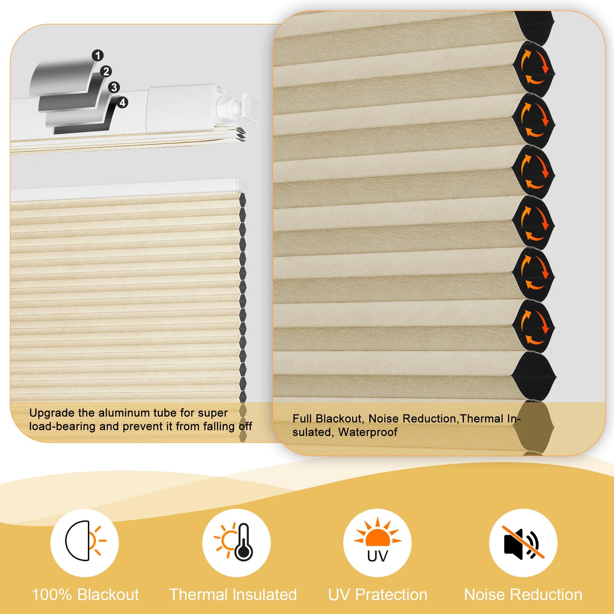 Doing-X Doing-X Cordless Cellular Shades Blackout Top Down Bottom Up No Tool No Drill Honeycomb Cellular Window Blinds Room Darkening French Door Blinds for Kitchen Living Room Office,Beige,32" W x 64" H