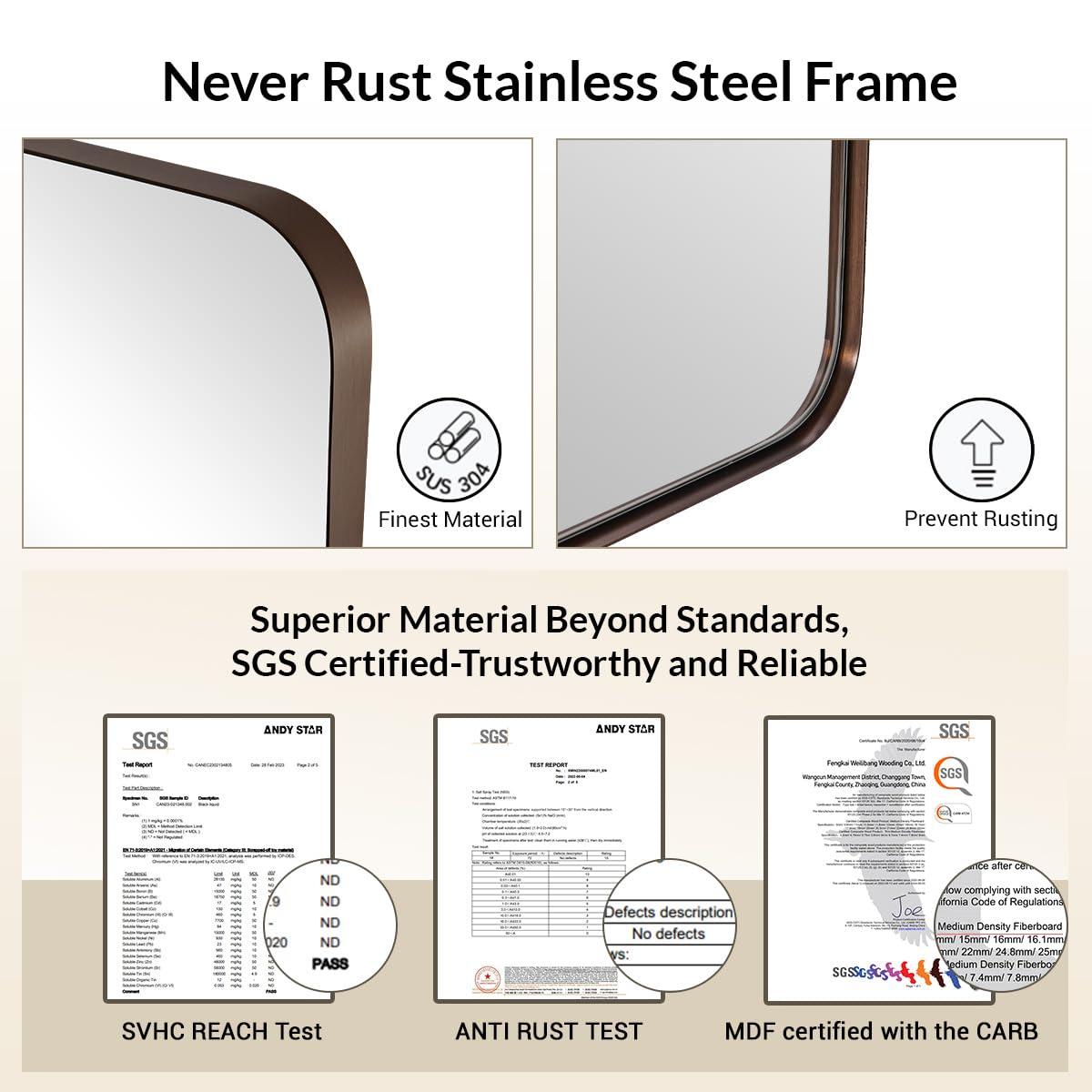 ANDY STAR ANDY STAR Wall Mirror for Bathroom, 20x28Brushed Bronze Bathroom Mirror, Rounded Rectangle Mirror in Premium Stainless Steel Metal Frame Hangs Horizontal Or Vertical