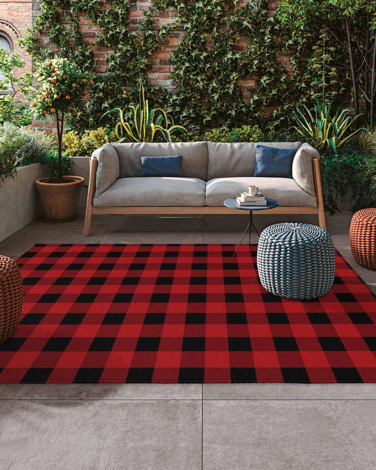 Vandarllin Outdoor Patio Rugs Red Black Plaid Outdoor Area Rug Buffalo Check Geometric Checker Pattern Non-Slip Backyard/Camping RV Rug/Deck/Porch Rug Front Door Floor Mat Carpet,6x9ft,
