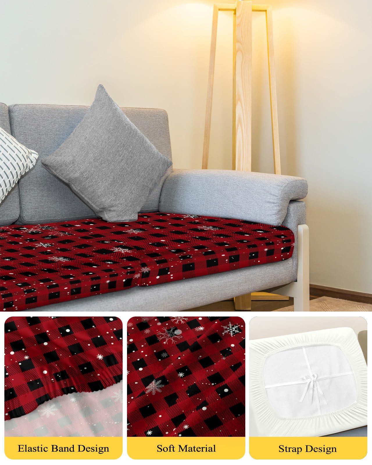 AMZRicher Buffalo Plaid Sofa Couch Cushion Covers Washable, Red Black Christmas Winter Snowflake Removable Stretchable Sectional Couch Covers Slipcovers for L & T Shape Sofa Furniture Protector M Size 1 pc