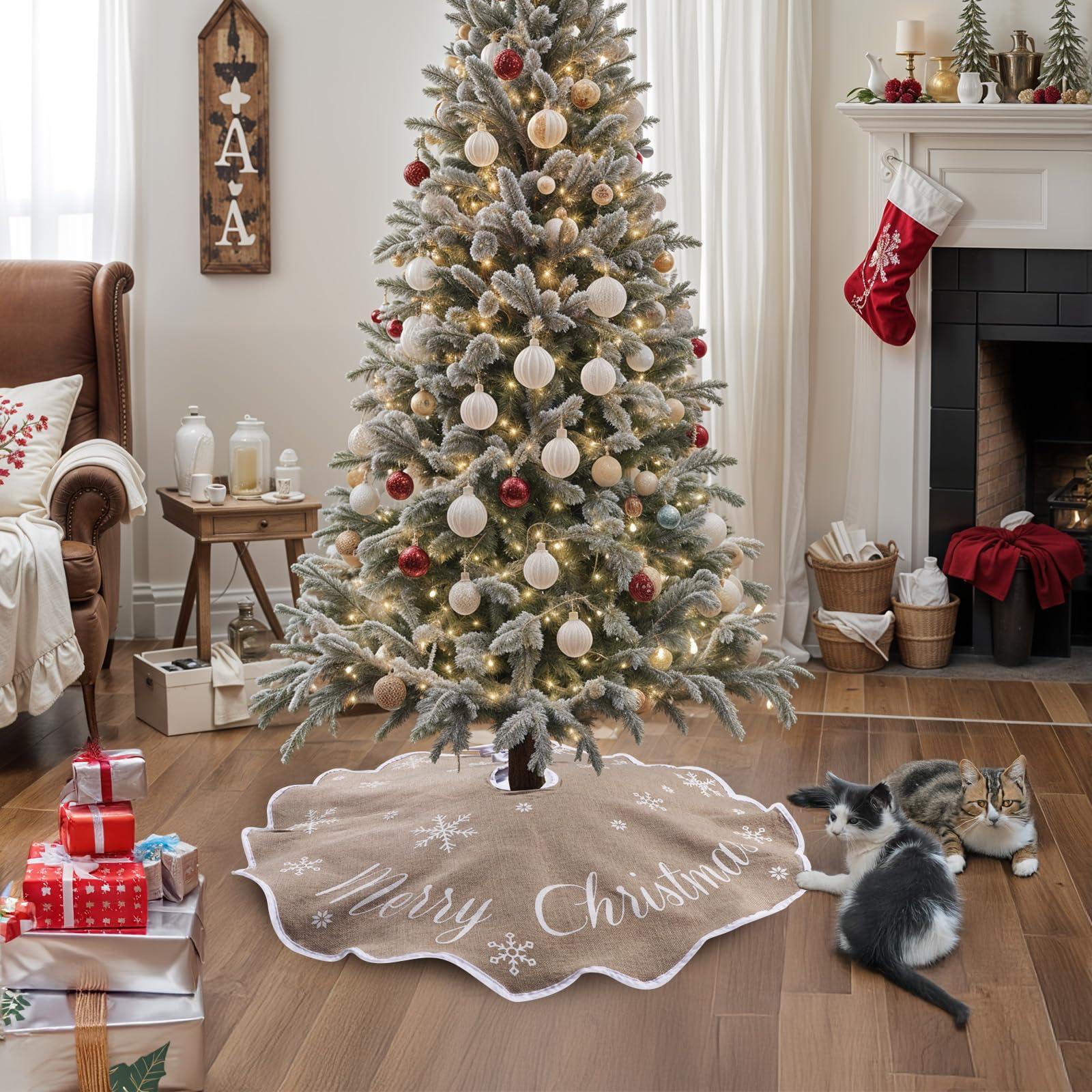 OurWarm OurWarm Christmas Tree Skirt 36 Inch, Buffalo Plaid Red Tree Skirt for 6ft Tree & 4ft Tree, Double Sided Burlap Tree Skirt Snowflake Xmas Tree Skirts for Pencil Tree Boho Rustic Farmhouse Decor