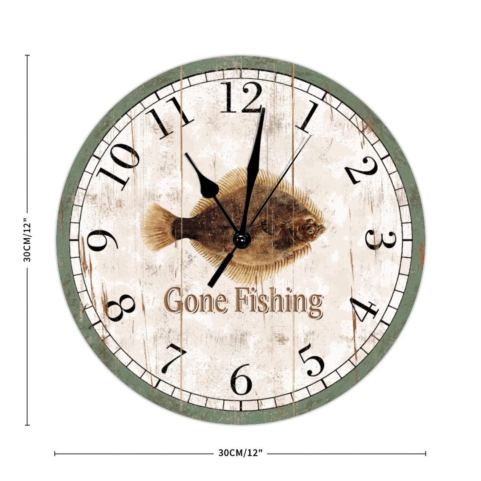 ArogGeld Go Fishing Wood Wall Clock Greenback Flounder Beach Decor Ocean Coastal Wall Clocks Quartz Battery Operated 12Inch Clock Rustic Farmhouse for Kitchen Bedroom Office Birthday Housewarming Gift