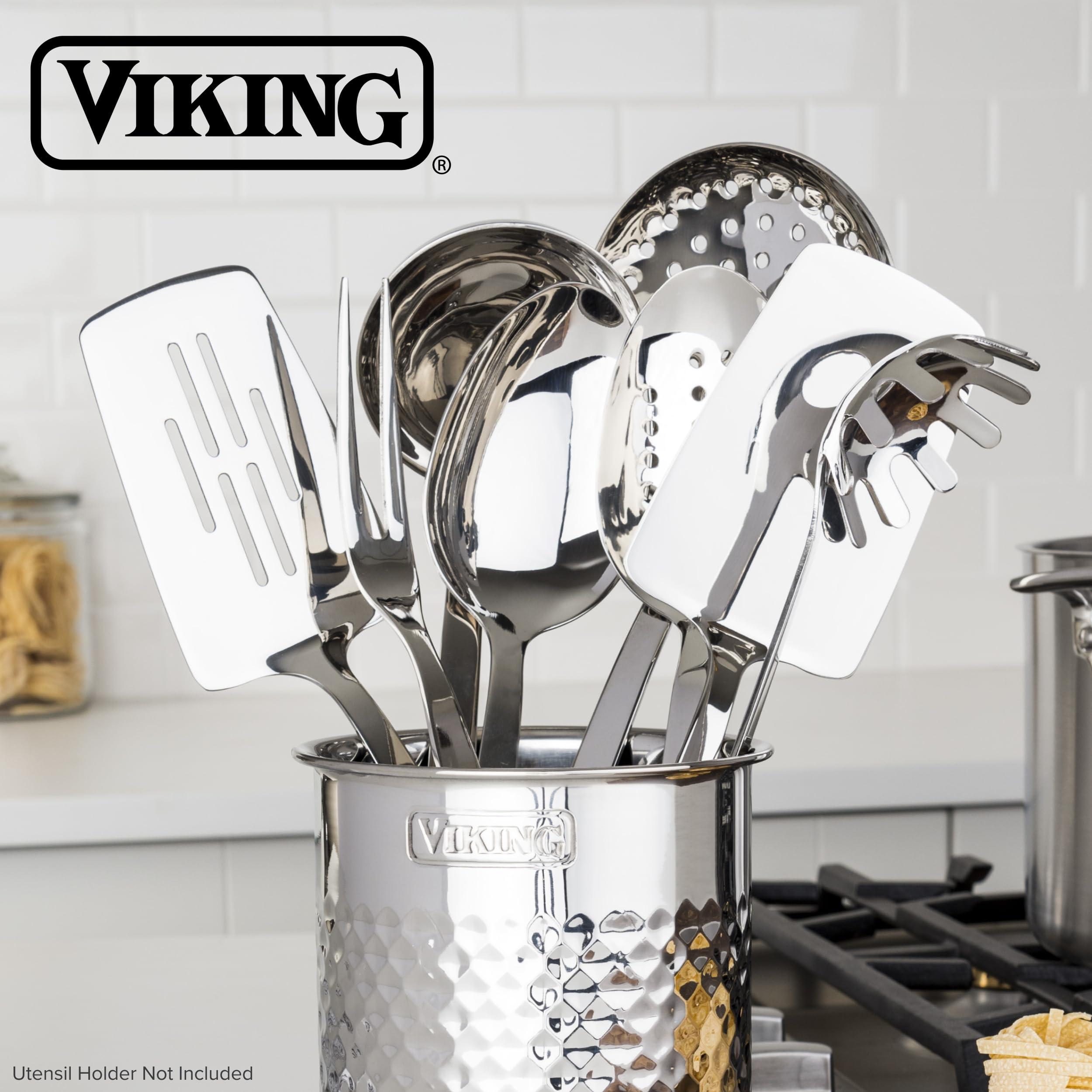 Viking Viking Kitchen Utensils Set, 8 Piece Stainless Steel Cooking Utensil Set, Includes Spatulas, Spoons, Pasta Fork, Deep Ladle, Meat Fork, and Skimmer, Silver