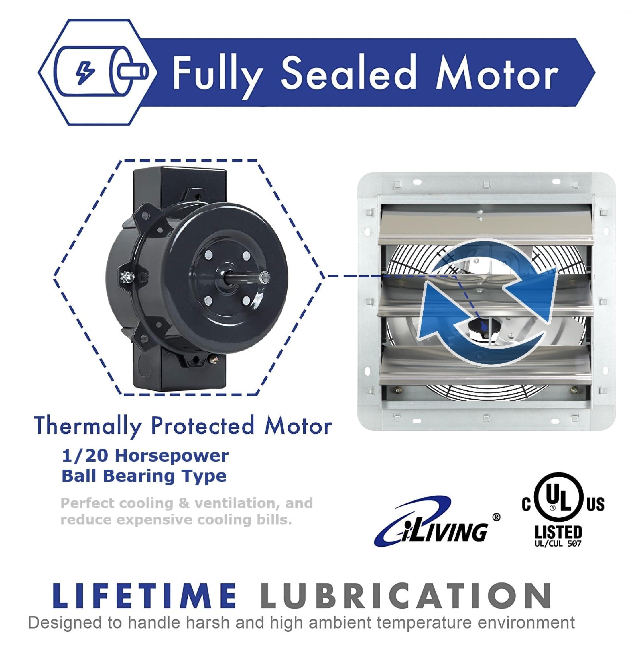 iLIVING iLiving 12-Inch Wall Mounted Exhaust Fan with Variable Speed, 960 CFM, 1400 SQF Coverage Area, Silver