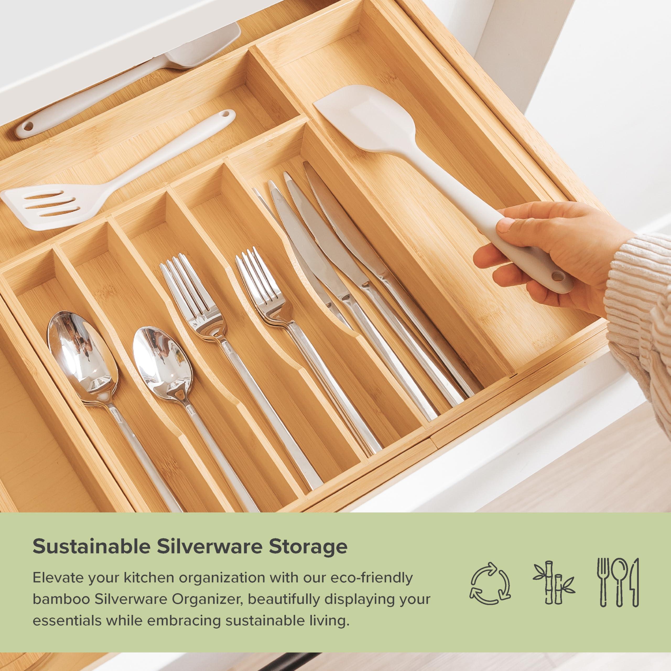 KitchenEdge KitchenEdge Premium Silverware, Flatware and Utensil Organizer for Kitchen Drawers, Food-Safe Contract Grade, Expandable from 16 to 28 In, Natural Bamboo