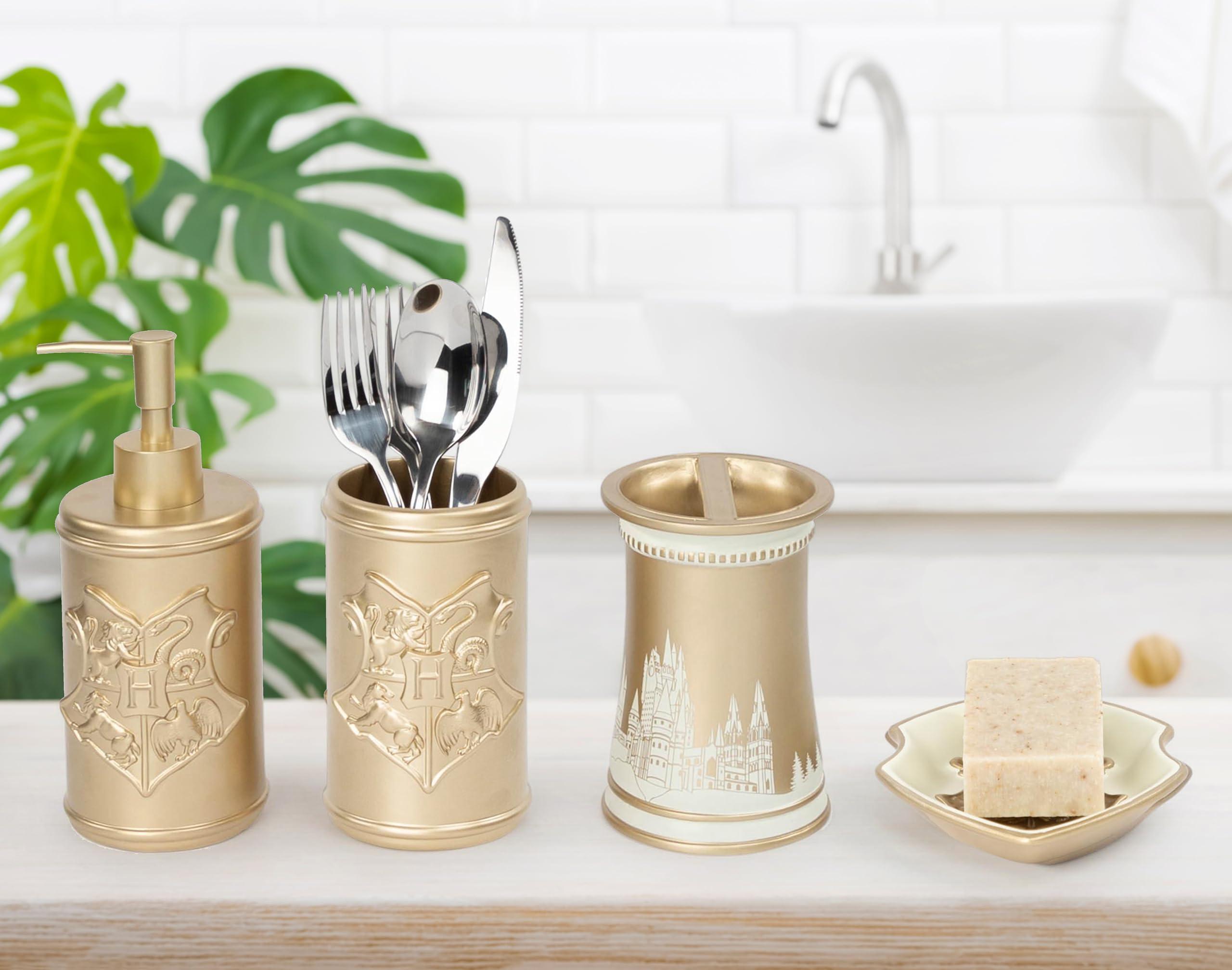 Jay Franco Harry Potter Bathroom Organizer Set - 4 Piece White and Gold Hogwarts Crest Accessories includes Resin Soap Dispenser, Soap Dish, Toothbrush Holder and Tumbler - Bathroom Dcor