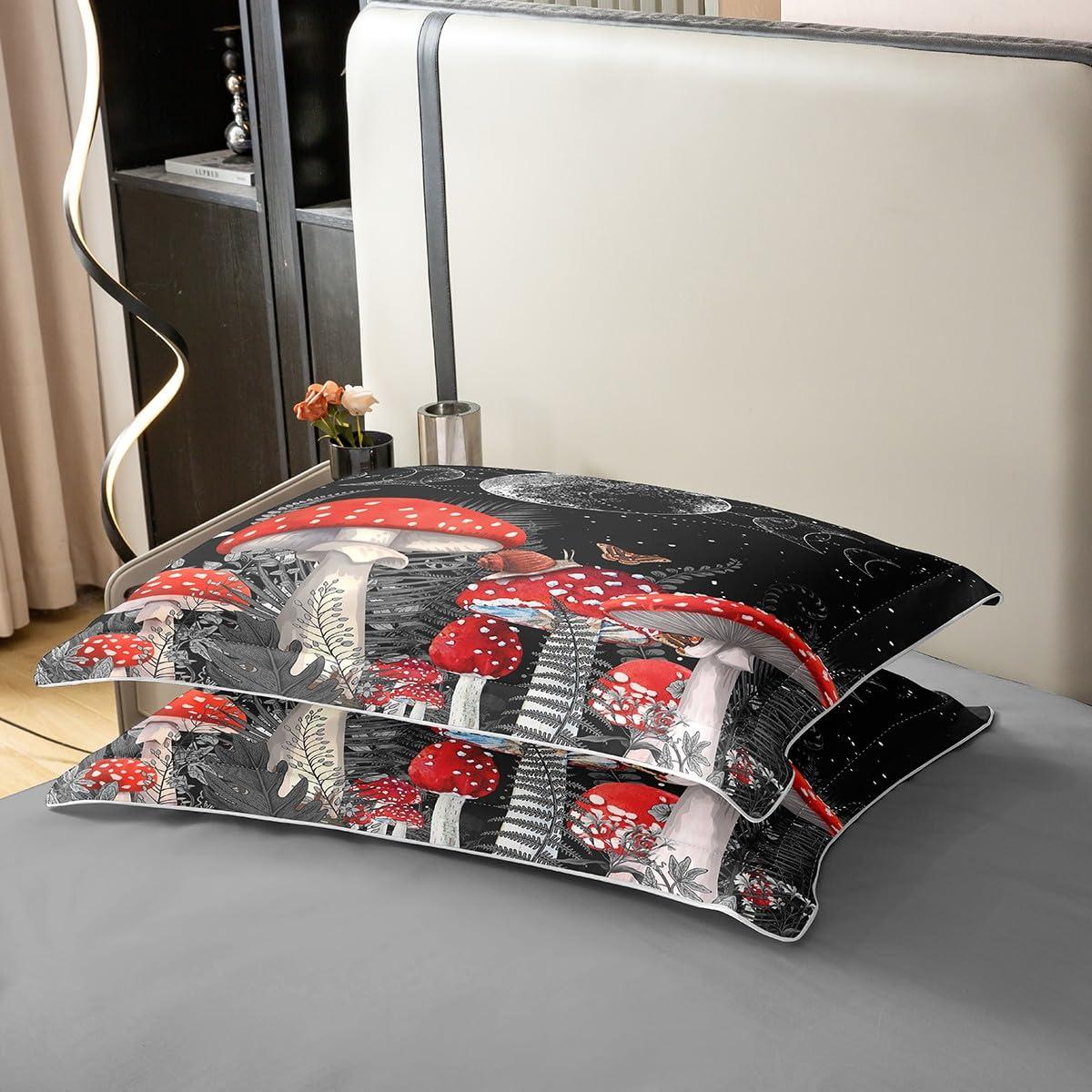 Castle Fairy King Size 3 Pcs Red Mushroom Duvet Cover 100% Cotton Sun Moon Exotic Starry Galaxy Bedding Set for Kids Teens Adults Wild Botanical Burgundy Plants Comforter Cover with 2 Pillowcases(No Comforter)