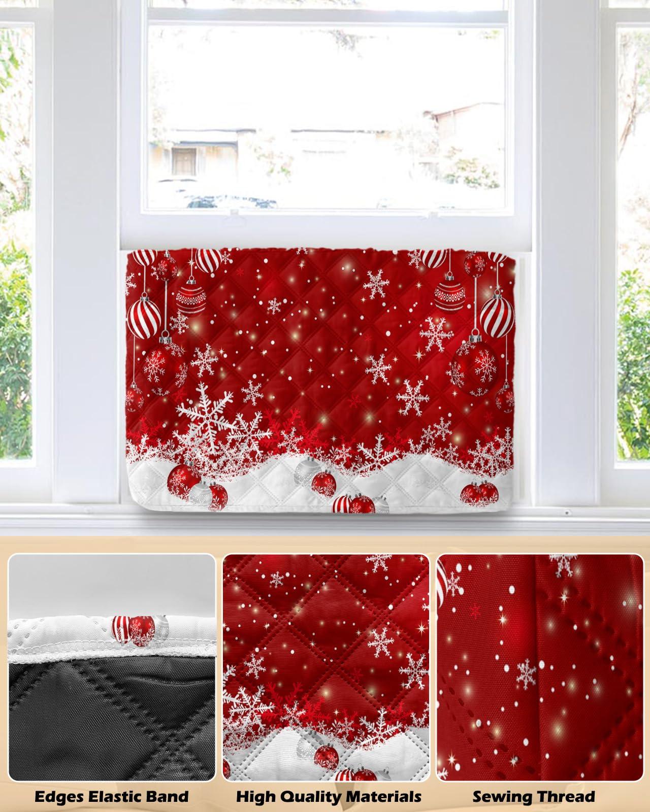 Falaniique Christmas Balls Indoor Air Conditioner Cover for Window Units, Double Insulation Adjustable Waterproof Indoor AC Cover with Elastic Straps Red Xmas Winter Snowflake 25'' x 18'' x 3.5''