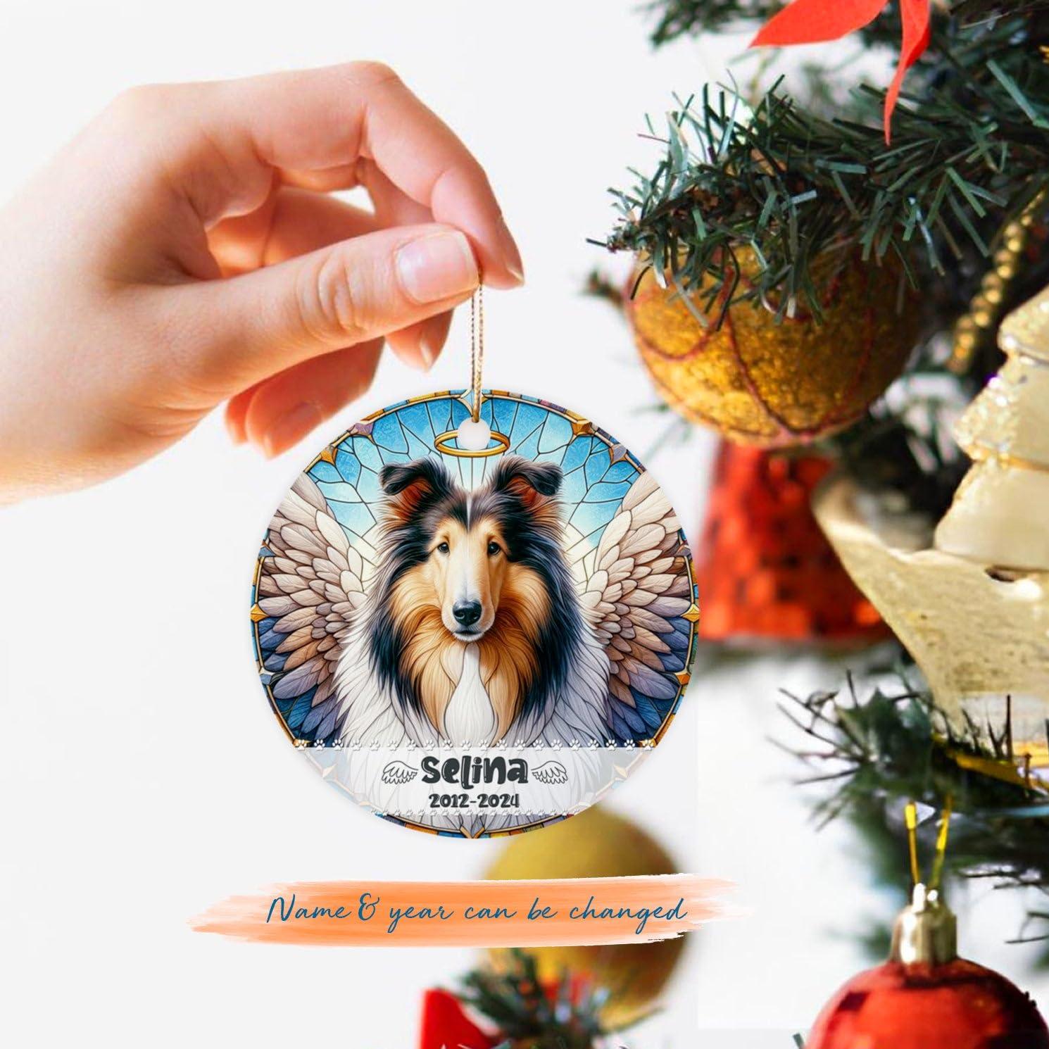 BixDori Rough Collie Memorial Ornament, Customized Rough Collie Sympathy Ornament with Name and Year, Personalized Dog Memorial Christmas Ornament 2024, Pet Loss Gifts, Rough Collie Remembrance Ornament Xmas