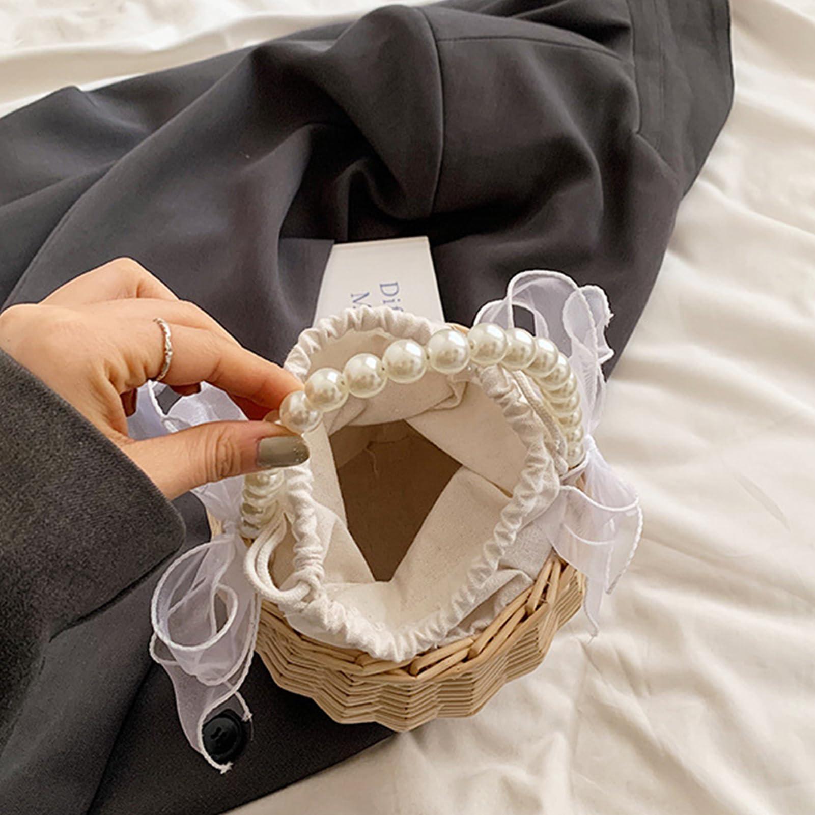 JUOPZKENN JUOPZKENN Rattan Flower Basket,Pearl Flower Girl Basket Rattan Basket Flower Girl Bag Rustic Flower Girl Basket Wicker Basket for Wedding Flower Girl Accessories(18cm / 7.1in-White 2)