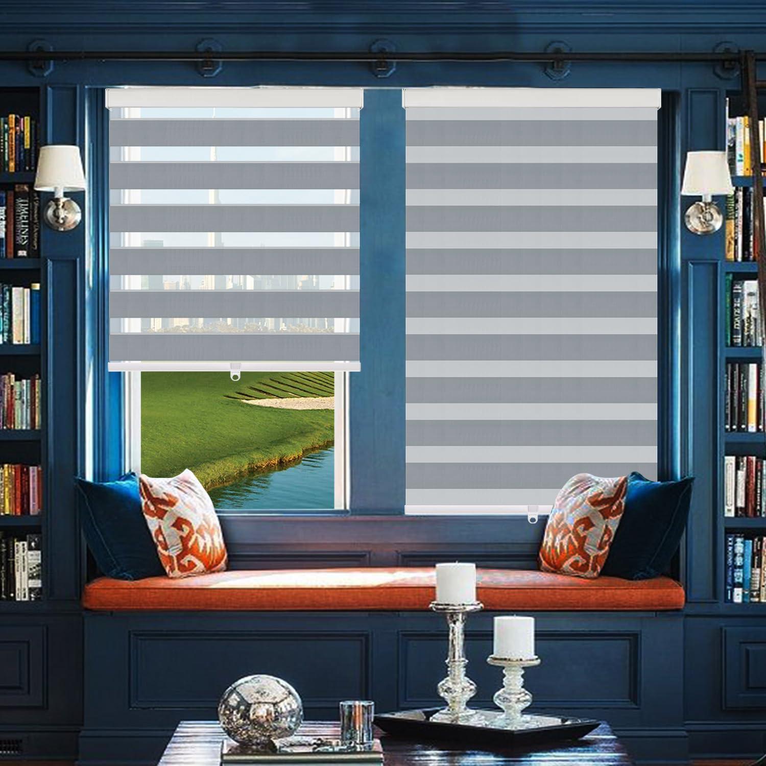 IDEKIO Zebra Blinds for Windows,Custom Size Cordless Zebra Roller Window Blinds, Dual Layer Blackout Roller Shades,Day and Night Blinds for Door,Office,Grey,15" W x [20" H to 98" H Customize]