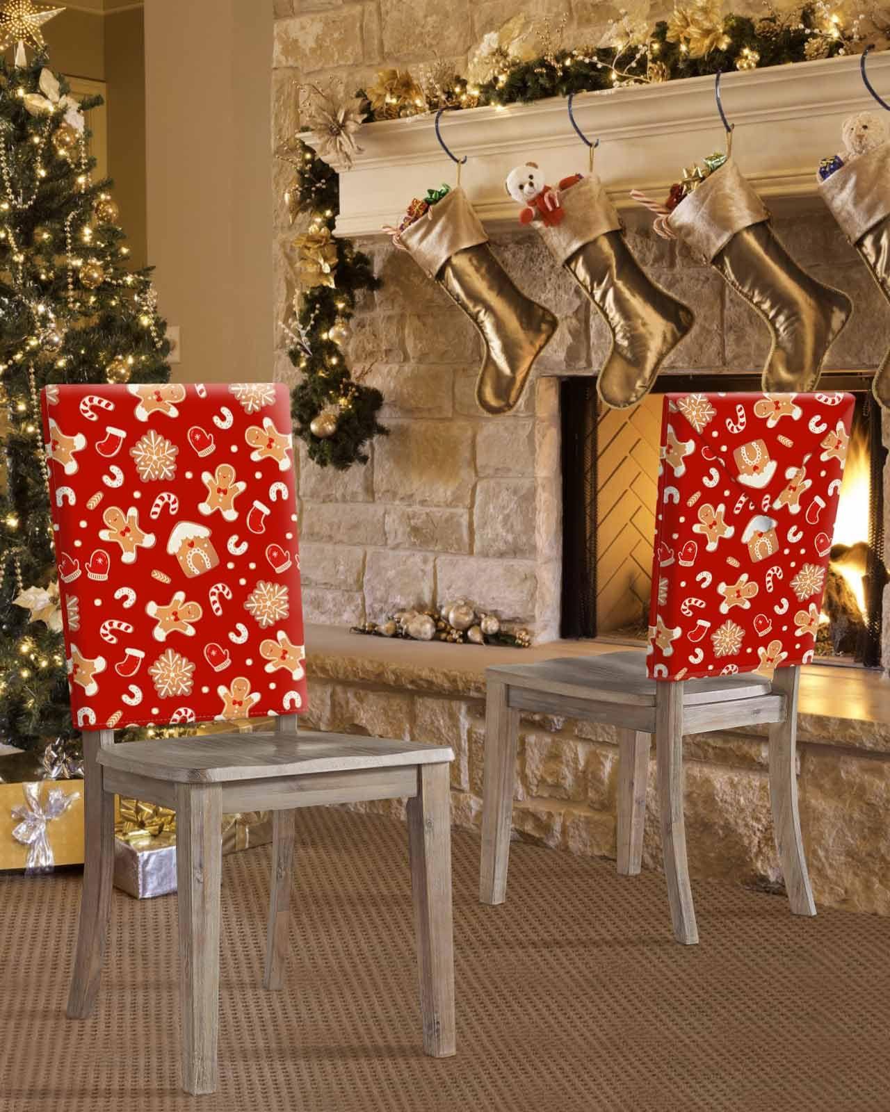 LOVE HOME DAY Dining Chair Back Covers Christmas Winter Snowflake Cookie Man 8 Pack Santa Hat Chair Seat Cover Candy Stocking on Red Removable Kitchen Chair Slipcover for Holiday Party Festival Banquet Decor