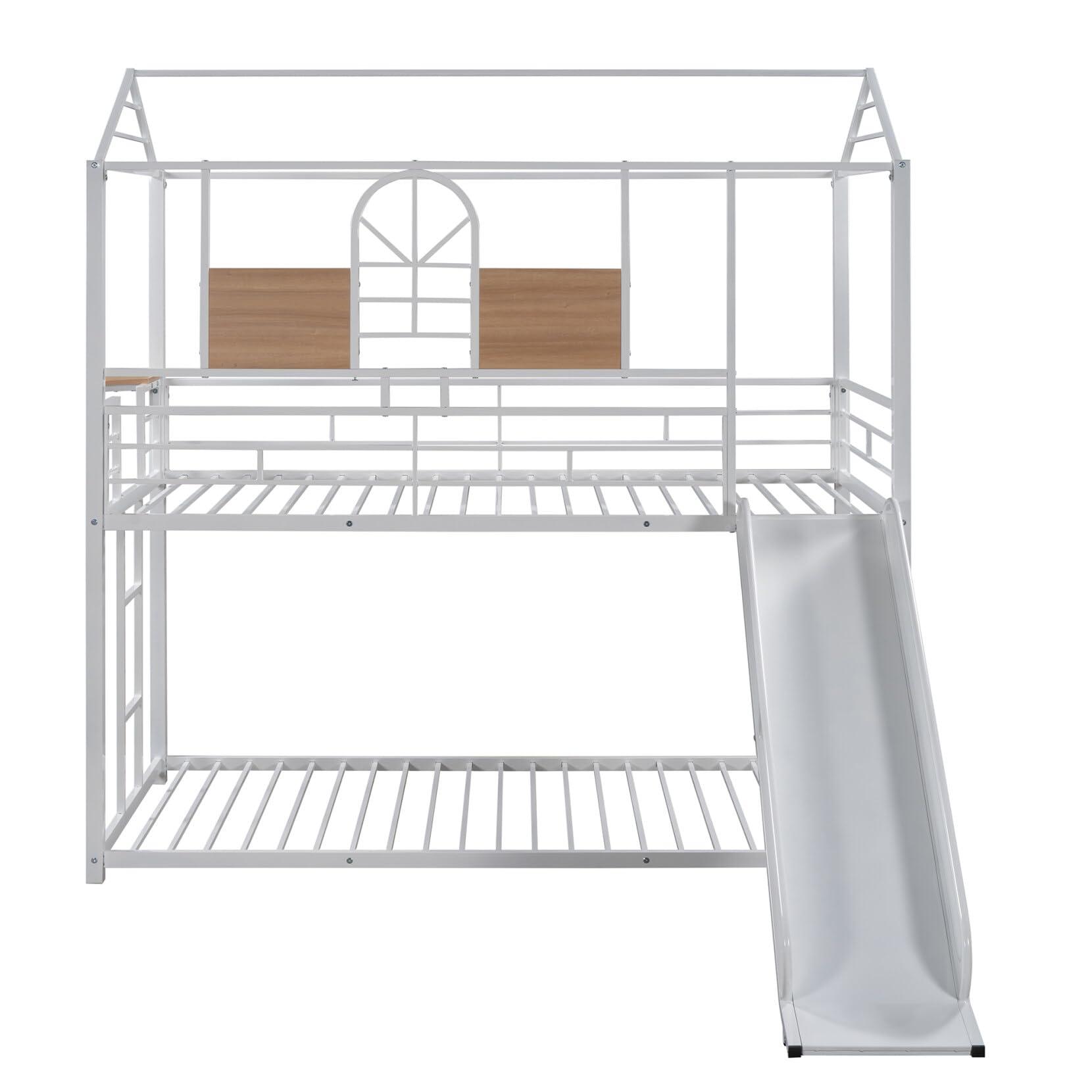 TURRIDU TURRIDU Twin Over Twin Size House Shape Bunk Bed, Modern Metal Housebed with Slide, Metal Slats, Safety Fence and Ladder, Window Pattern Design, Space-Saving, Easy Assembly, (White with White Slide)