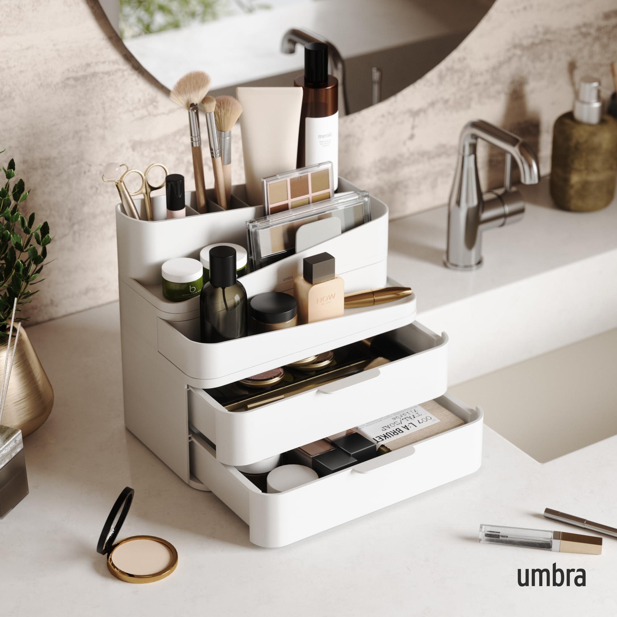 Umbra Umbra Glam Organizer, Large Cosmetic and Makeup Organizer with Three Drawers, Rubber Feet and Removable Dividers, White/Grey