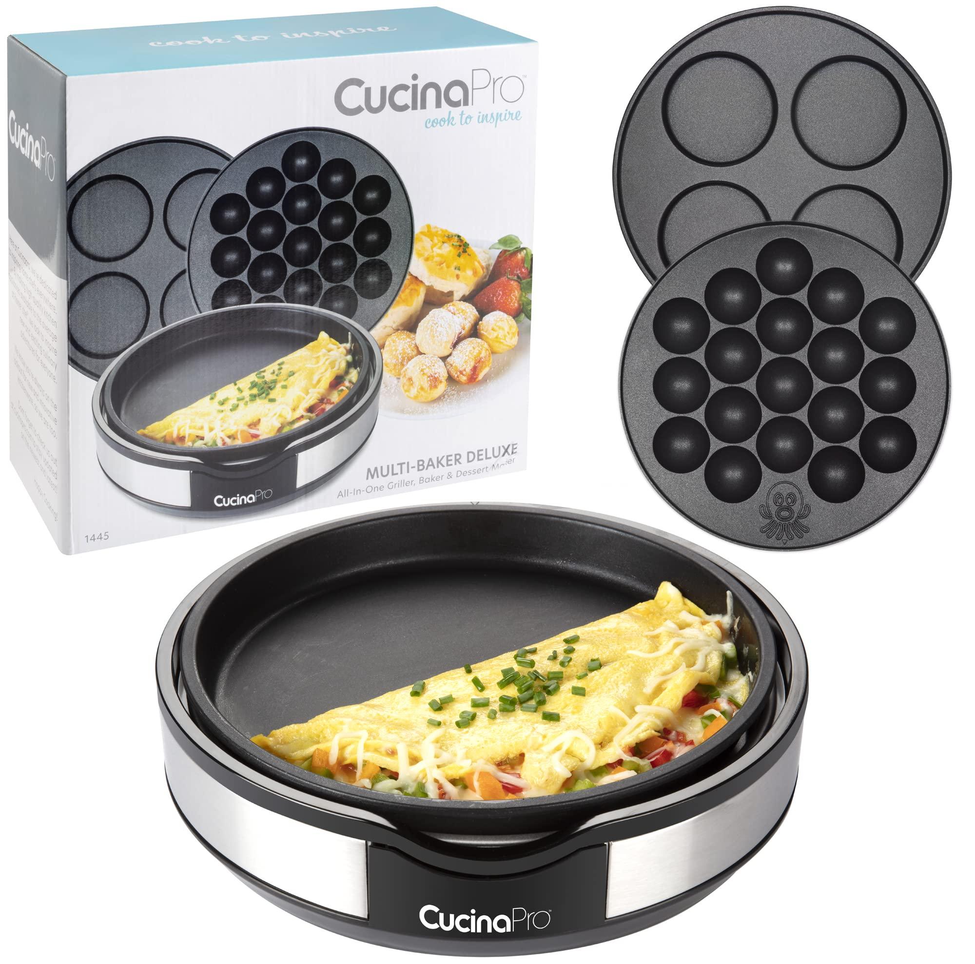 CucinaPro Multi Baker Deluxe- Baking Made Easy- Electric Appliance w Temp Control, 3 Interchangeable Skillets for Grilling Baking or Dessert Making- Grilled Cheese Omelets Pizza, Sandwiches, Cake Pops Xmas Gift