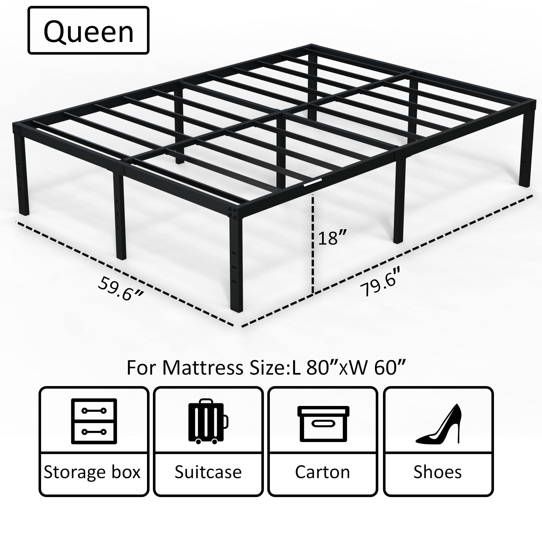 EMODA EMODA Queen Bed Frame No Box Spring Needed 18 Inch Heavy Duty Metal Tall Platform Bed Frame Queen Size with Large Storage Space, Easy Assembly, Black