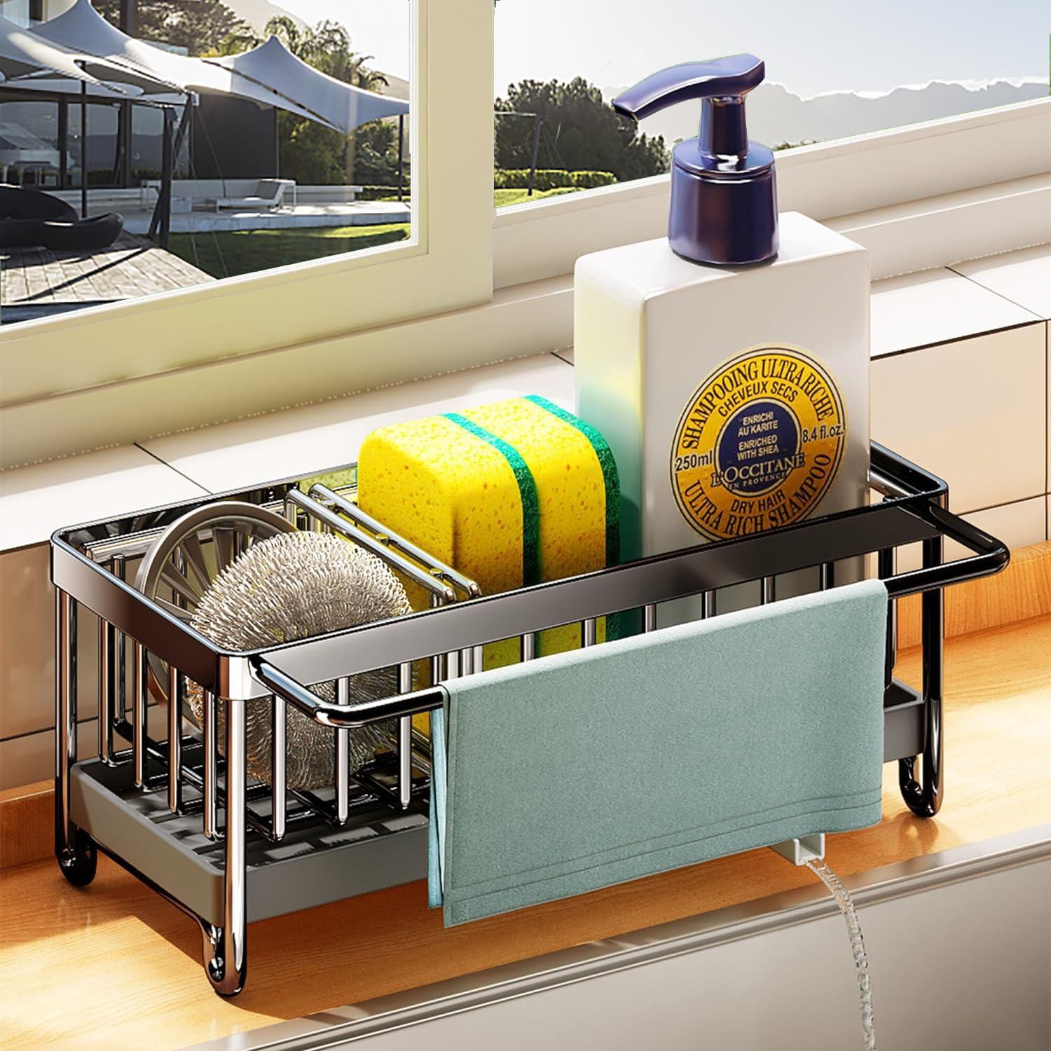 Biridict Sponge Holder for Kitchen Sink, Kitchen Sink Caddy, Dish Sponge Organizer with Divider, Dish Soap Dispenser Brush Holder Storage (Black Large)