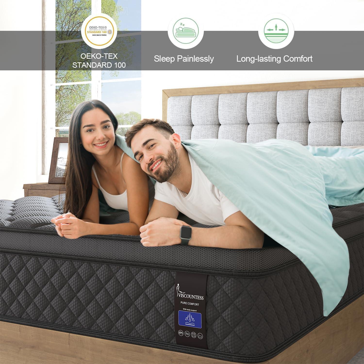 VISCOUNTESS VISCOUNTESS Hybrid Mattress, Euro Top Mattress Medium Firm for Motion Isolation & Pressure Relief, 100 Night Trial, Individual Pocket Spring Bed (14inch, King)