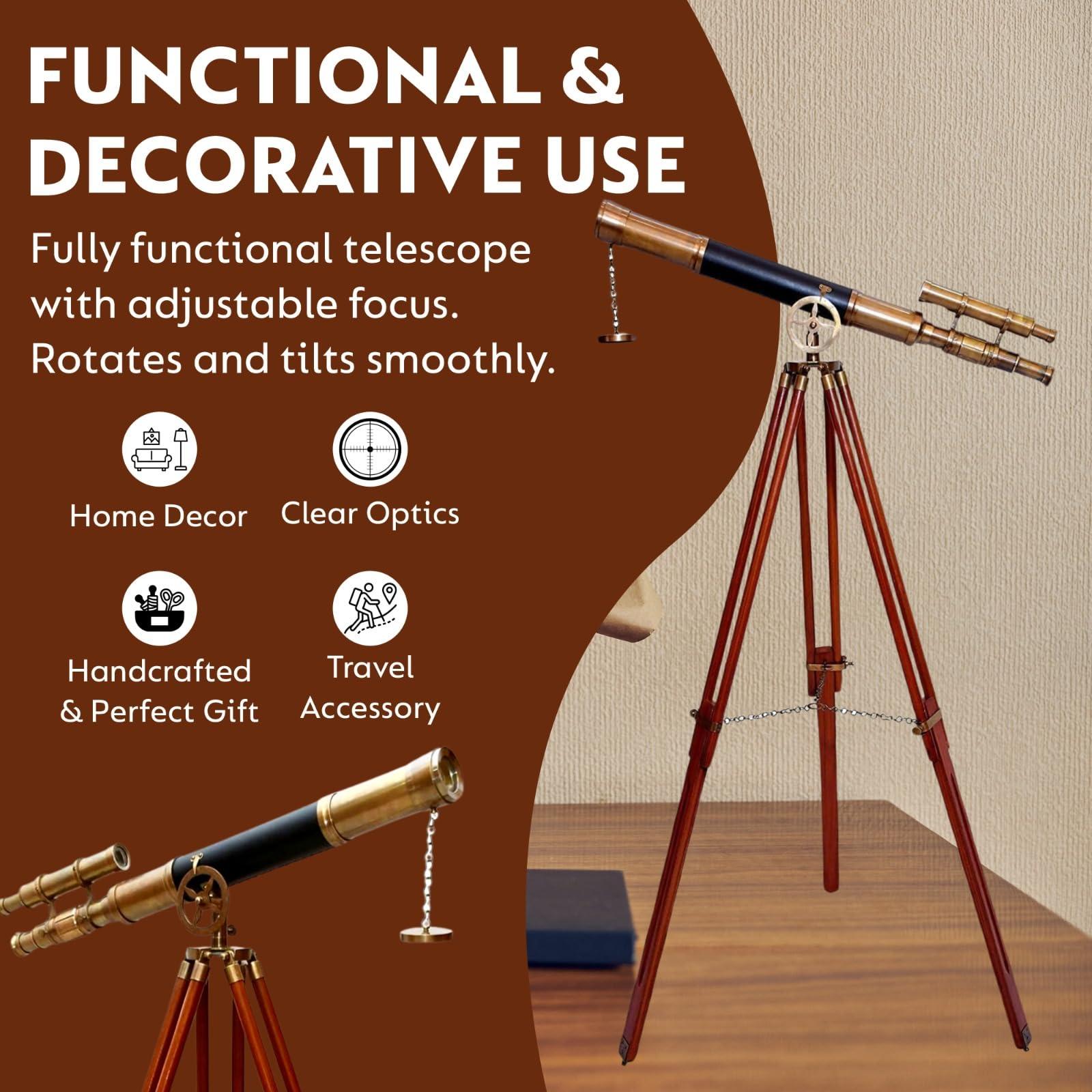 NAVIROCK Nautical Marine Designer Brass Telescope Antique Finish Double Barrel Black Leather Coverd Tube W/Wooden Brown Tripod Floor Standing Royal Handmade Authentic Telescopic - Navirock