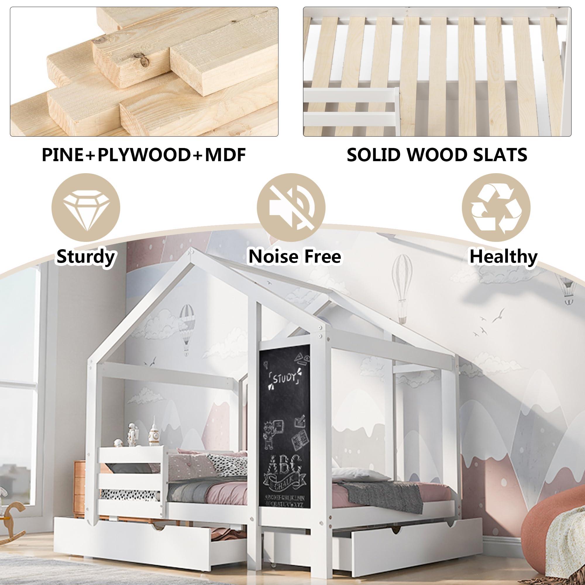 HUMEHA HUMEHA Twin House Bed with Drawers, Kids Platform Bed Frame with Blackboard, Montessori House Bed with Slats and Roof for Teens Girls Boys, 80.1\" L x 41.9\" W x 72\" H, White