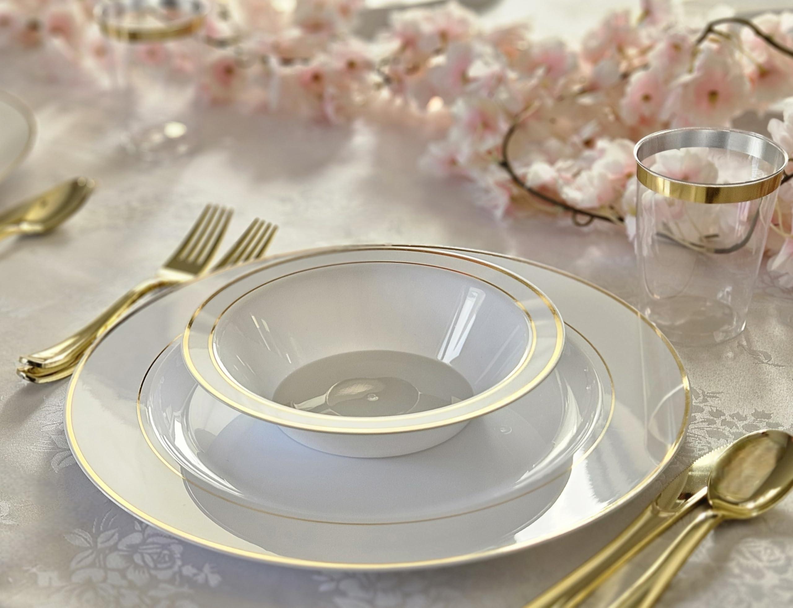 OCCASIONS FINEST PLASTIC TABLEWARE OCCASIONS 120 pcs Chargers pack Wedding Party 12\'\' Disposable Plastic Charger Plates/Charger (Celebration in White & Gold Rim)