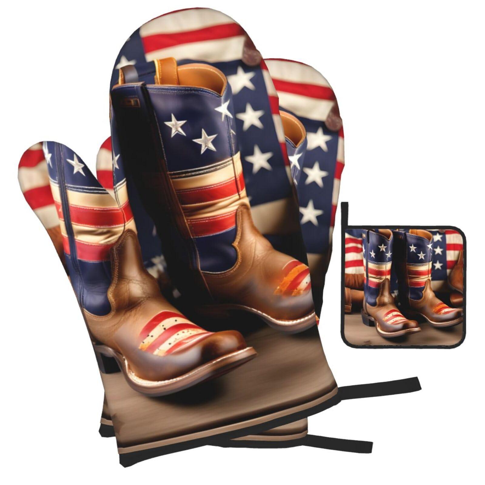 ZISHAK American Flag with Cowboy Boots Oven Mitts and Pot Holders SetUltimate Heat Resistant Set for Kitchen and Dining