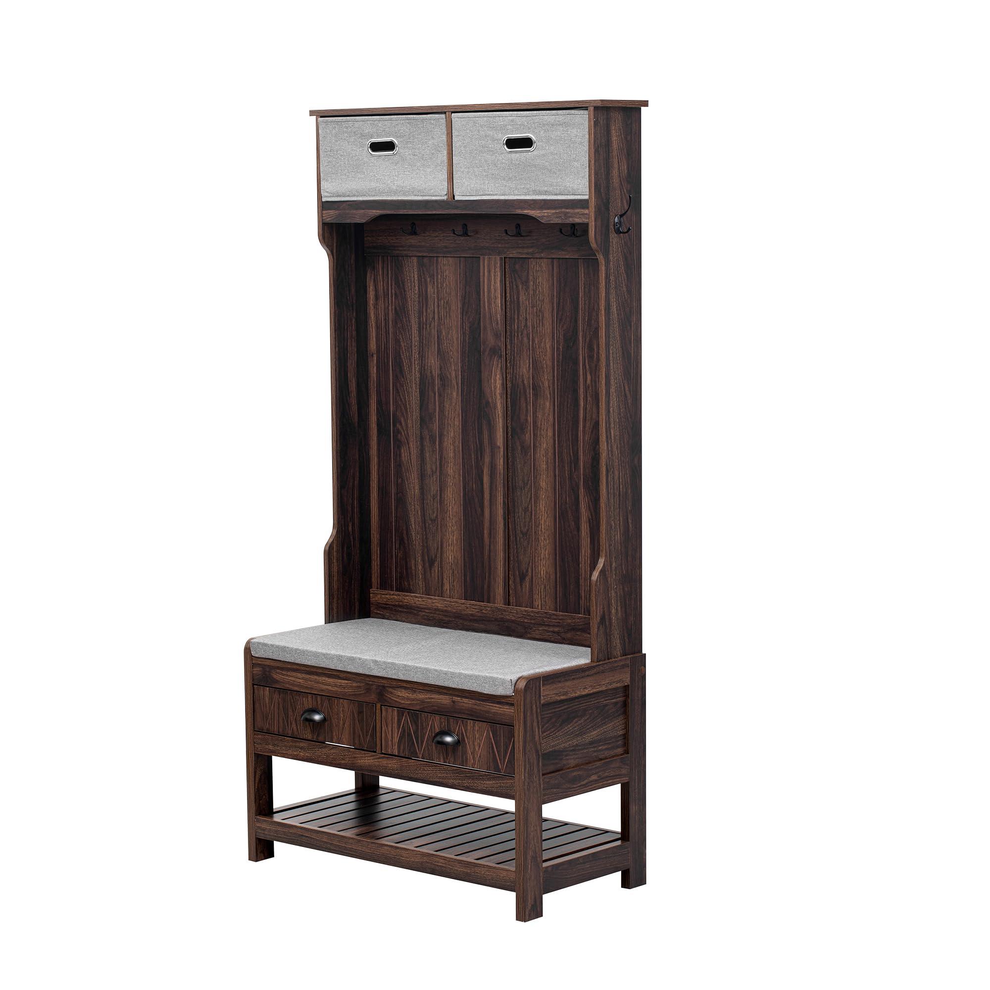 Royard Oaktree Royard Oaktree Hall Tree with Drawers and Removable Storage Boxes, Multifunctional Entryway Bench with Cushion and Shoe Rack, 3-in-1 Coat Hanger with 4 Hooks Wood Coat Tree for Hallway Mudroom, Brown