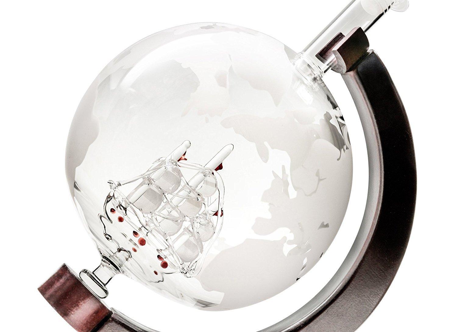 Denizli Whiskey Decanter Globe With Funnel - Handmade Etched Globe Decanter 50 Oz Set with Wooden Stand and Glass Ship inside, Perfect for Liquor, Scotch, Bourbon, Vodka or Red Wine