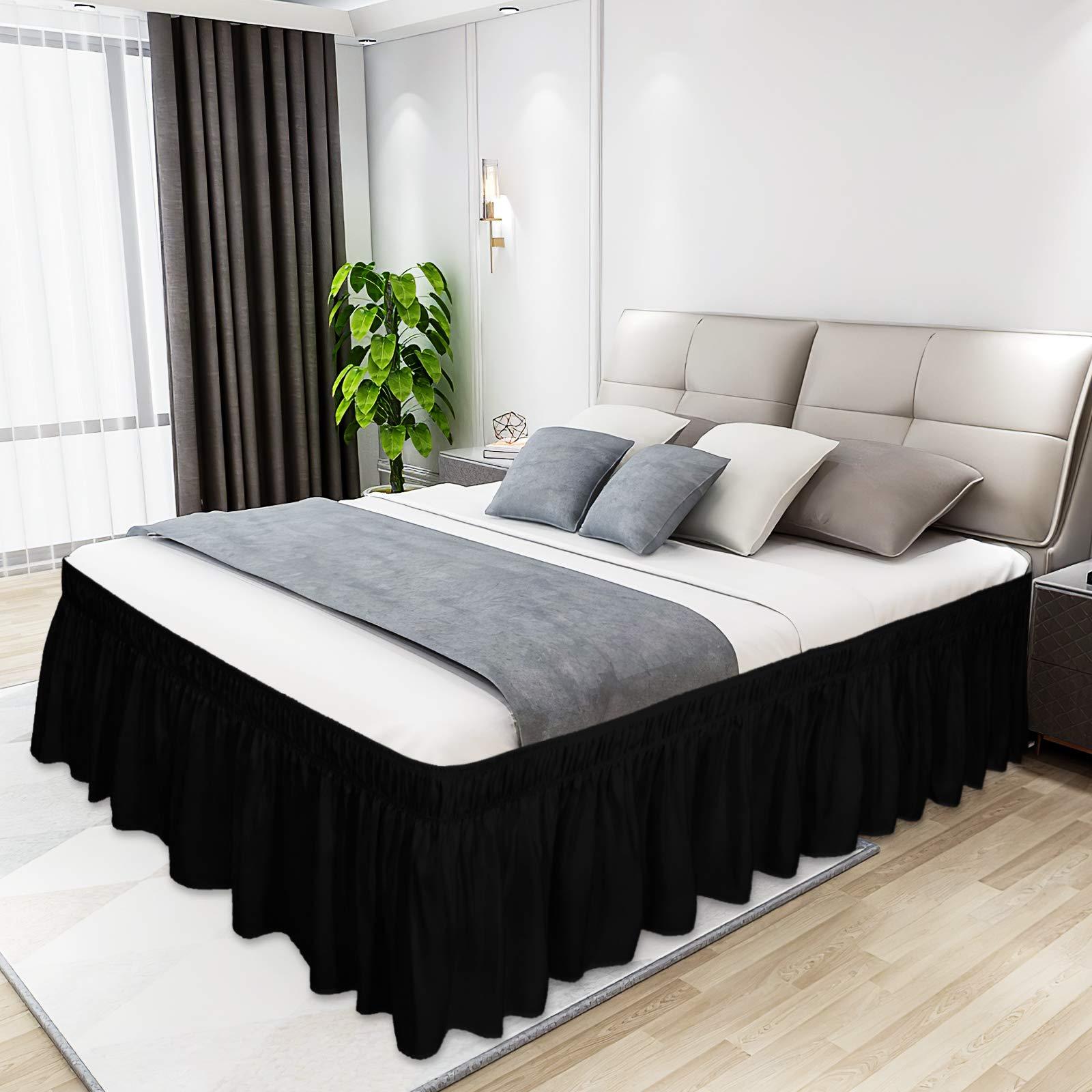 Star Linen Wrap Around Bed Skirts for King Beds 16 Inches Drop, Black Elastic Dust Ruffles Easy Fit Wrinkle & Fade Resistant Silky Luxurious Fabric Solid Machine Washable