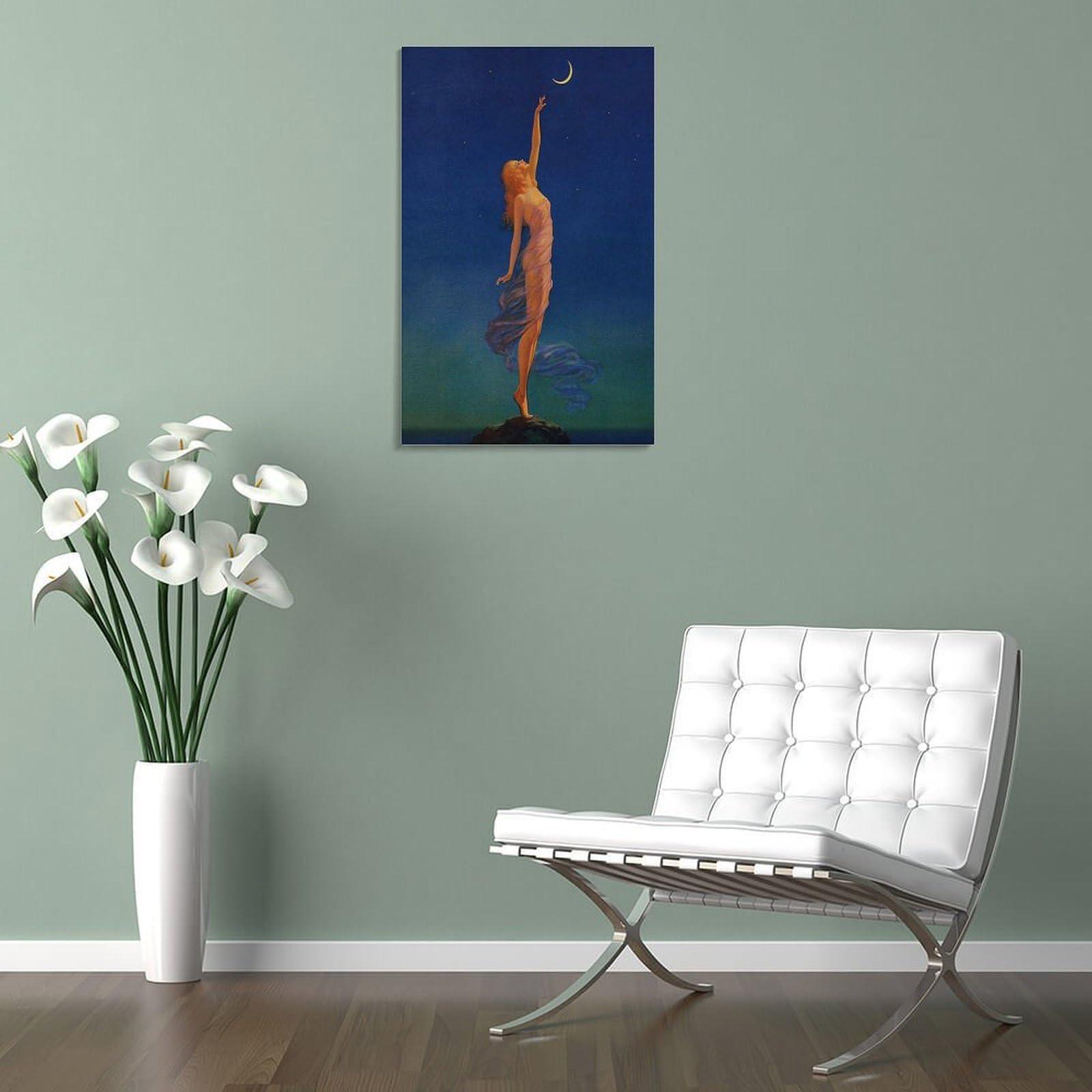 generic Maxfield Parrish Painting Reach for The Moon, Blue, Famous Vintage Painting Poster, Romantic Renaiss Wall Art Paintings Canvas Wall Decor Home Decor Living Room Decor Aesthetic Prints 08x12inch(20x30