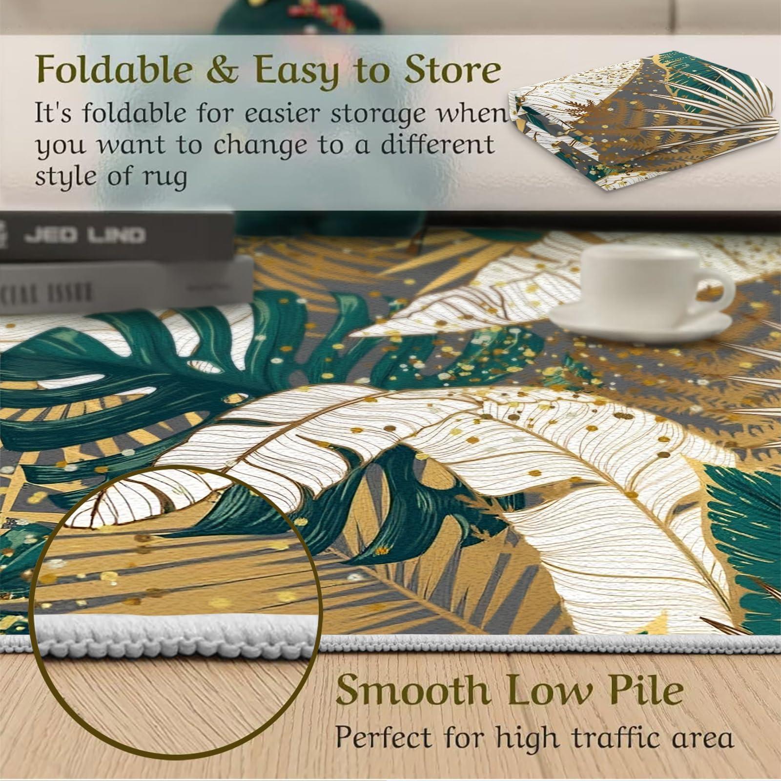 YAFAUJI Tropical Golden Green Palm Leaves Area Rug, Tropical Plant Leaves Home Decor Rug, Easy Clean Carpet with Anti-Slip Backing Durable for Bedroom Living Room Dining Room Office 5x6 ft