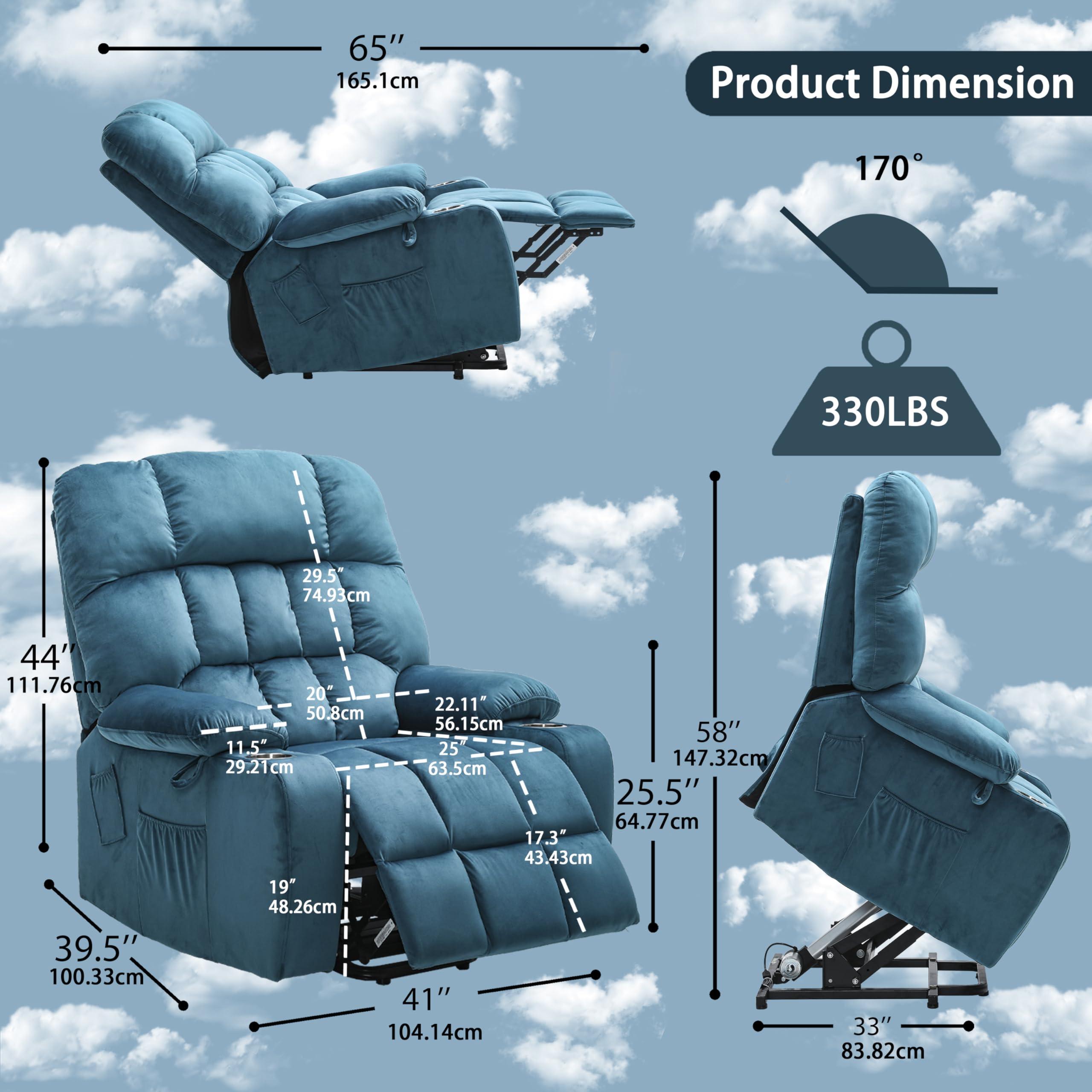 PUG258Y PUG258Y Power Lift Recliner Chair: Electronic Recliner Chair with Heat and Massage for Big and Tall Elderly, 2 Cup Holder, Lay Flat to 170 Single OKIN Motor - 9688 (X-Large, Teal)