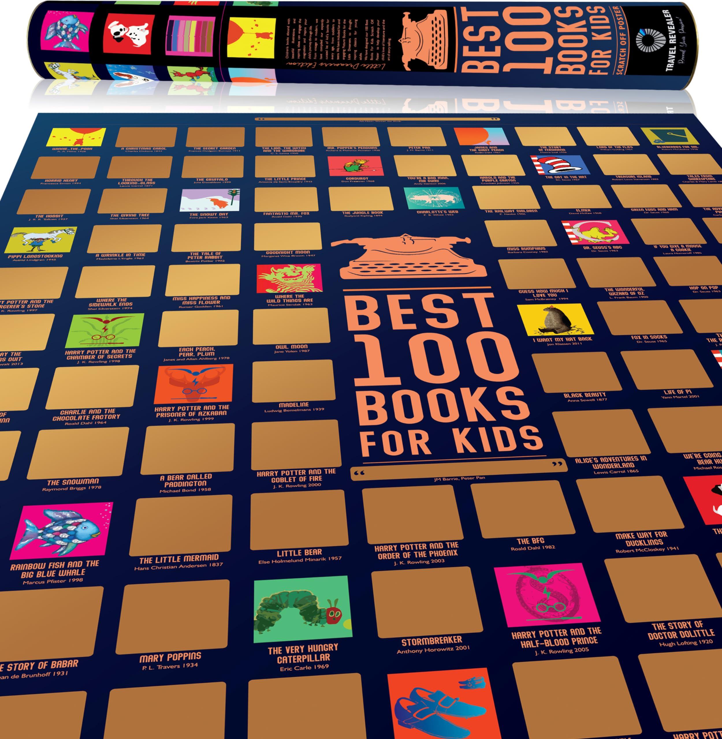Travel Revealer Travel Revealer 100 Kids Books Scratch Off Poster, Best 100 Books for kids Scratch Off Poster, 24x17 Gold Foil Novel Scratch Off Poster with learn to read books