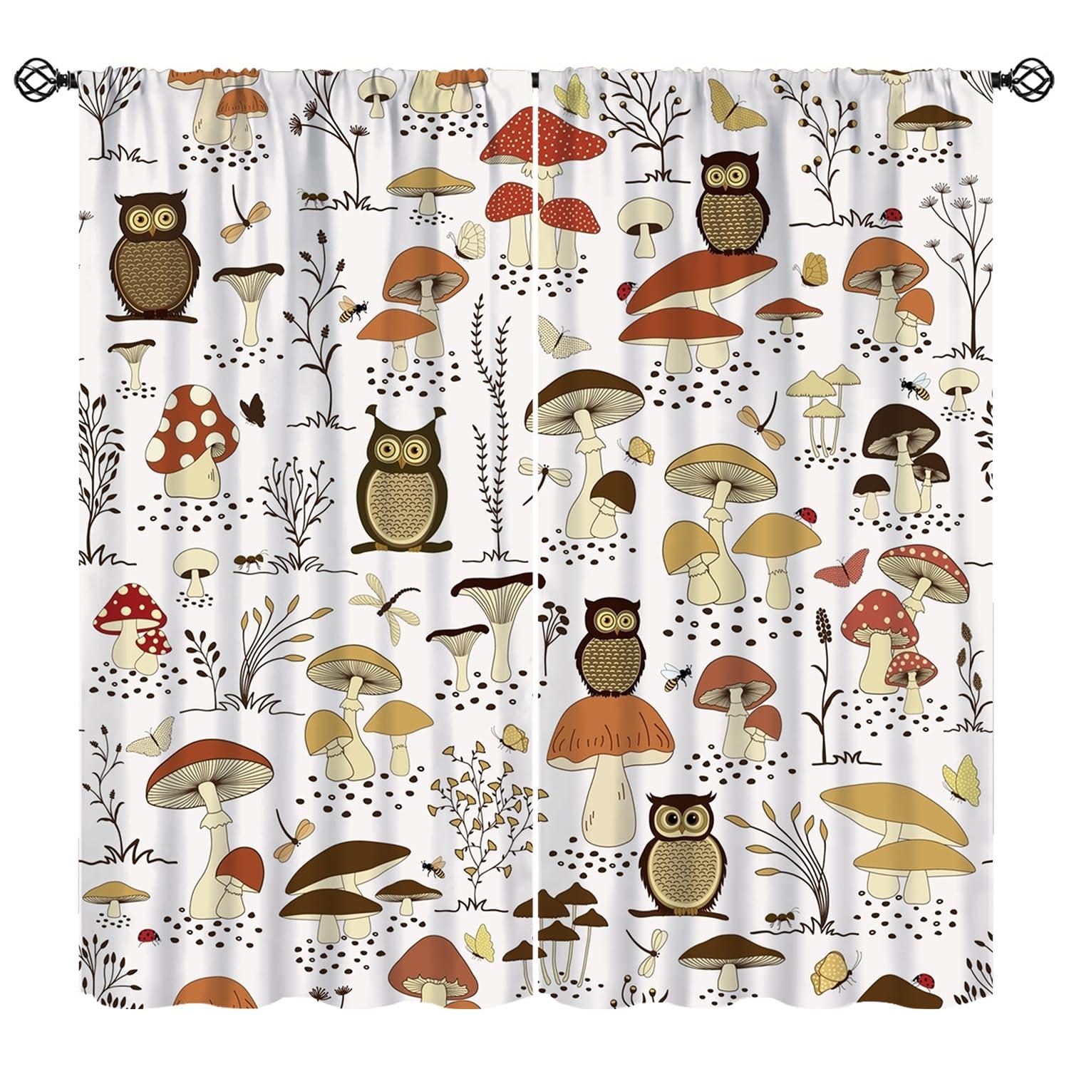 KANEPE Mushroom Blackout Curtains, Funny Cartoon Owls and Cute Cartoon Mushrooms Window Treatments, Rod Pocket Thermal Insulation Drapes for Bedroom Living Room Kitchen Decor, 55" W X 63" L