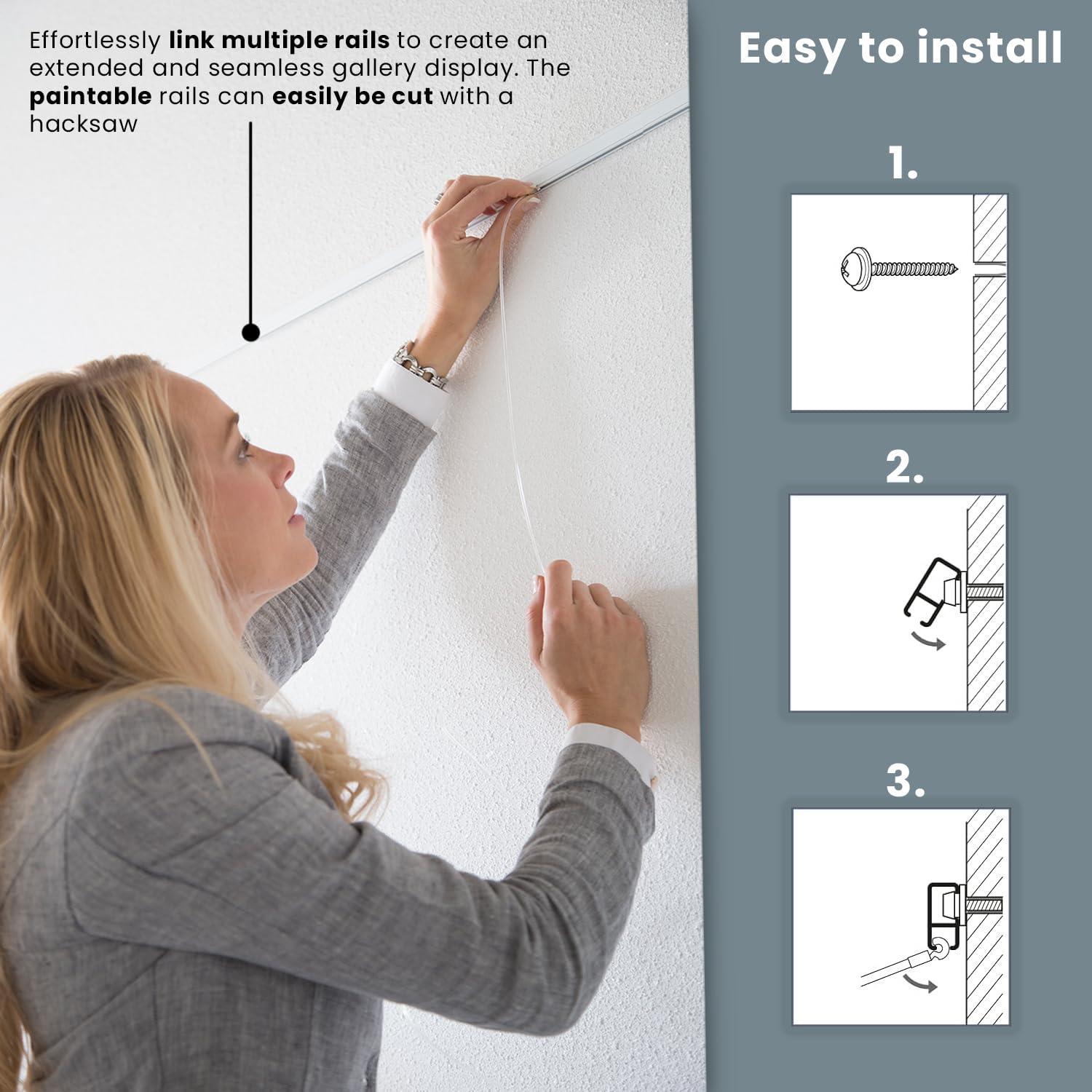 Stas Picture Hanging Systems STAS Cliprail Pro Picture Hanging System Set White - Covers 4.92 ft of Wall Space - Heavy Duty Picture Rail & Art Hanging Gallery Kit Without Nails - for Home or Museum (Includes 2 Hooks & Cords)