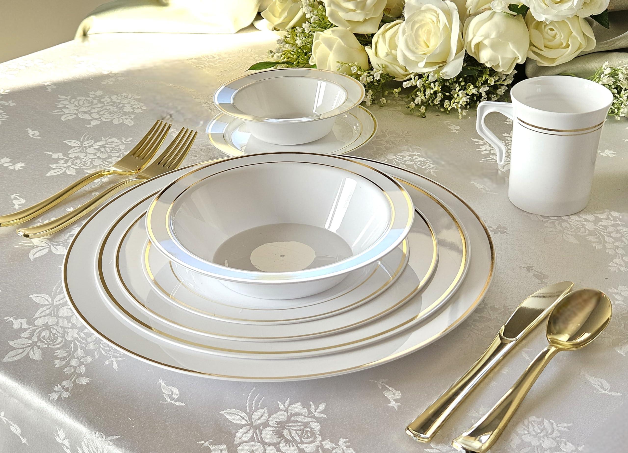 OCCASIONS FINEST PLASTIC TABLEWARE OCCASIONS 120 pcs Chargers pack Wedding Party 12\'\' Disposable Plastic Charger Plates/Charger (Celebration in White & Gold Rim)
