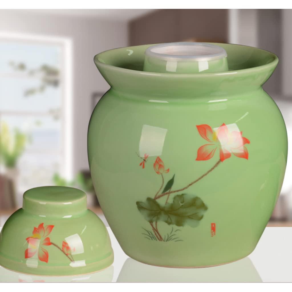 ZHOUXIAO ZHOUXIAO Traditional Ceramic Pickle Jar Fermentation Crock Jar, Lotus Pattern Chinese Pickle Jar,Fermenting Tank with Water Seal Airlock Lid Stoneware Fermenter for Sauerkrau 3.5KG