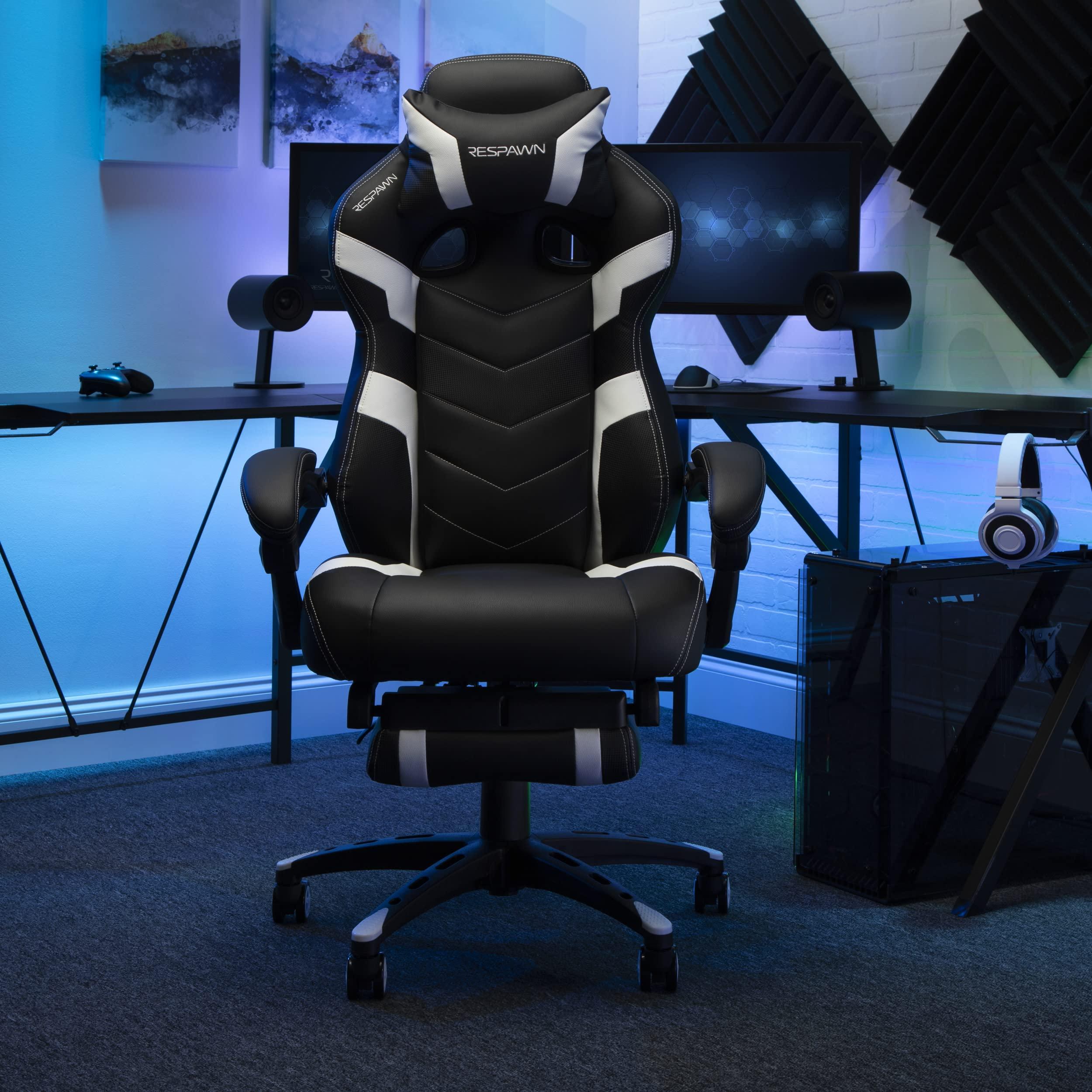 RESPAWN RESPAWN 110 Ergonomic Gaming Chair with Footrest Recliner - Racing Style High Back PC Computer Desk Office Chair - 360 Swivel, Adjustable Lumbar Support, Headrest Pillow, Padded Armrests - 2021 White