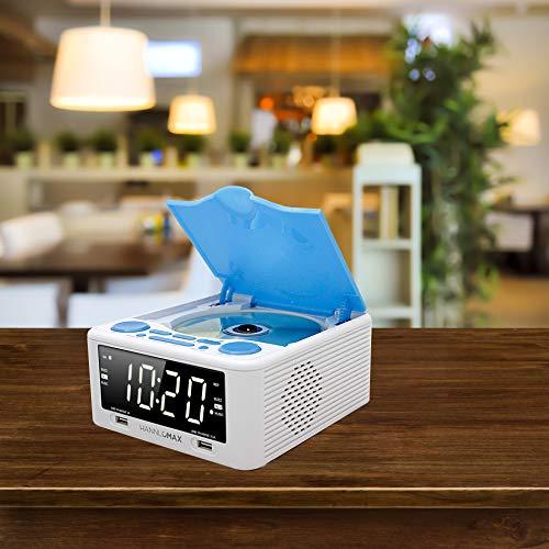 HANNLOMAX HANNLOMAX HX-300CD Top Loading CD Player, PLL FM Radio, Digital Clock, 1.2\" White LED Display, Dual Alarms, Dual USB Ports for 2.1A and 1A Charging, AC/DC Adaptor Included (White_Blue)