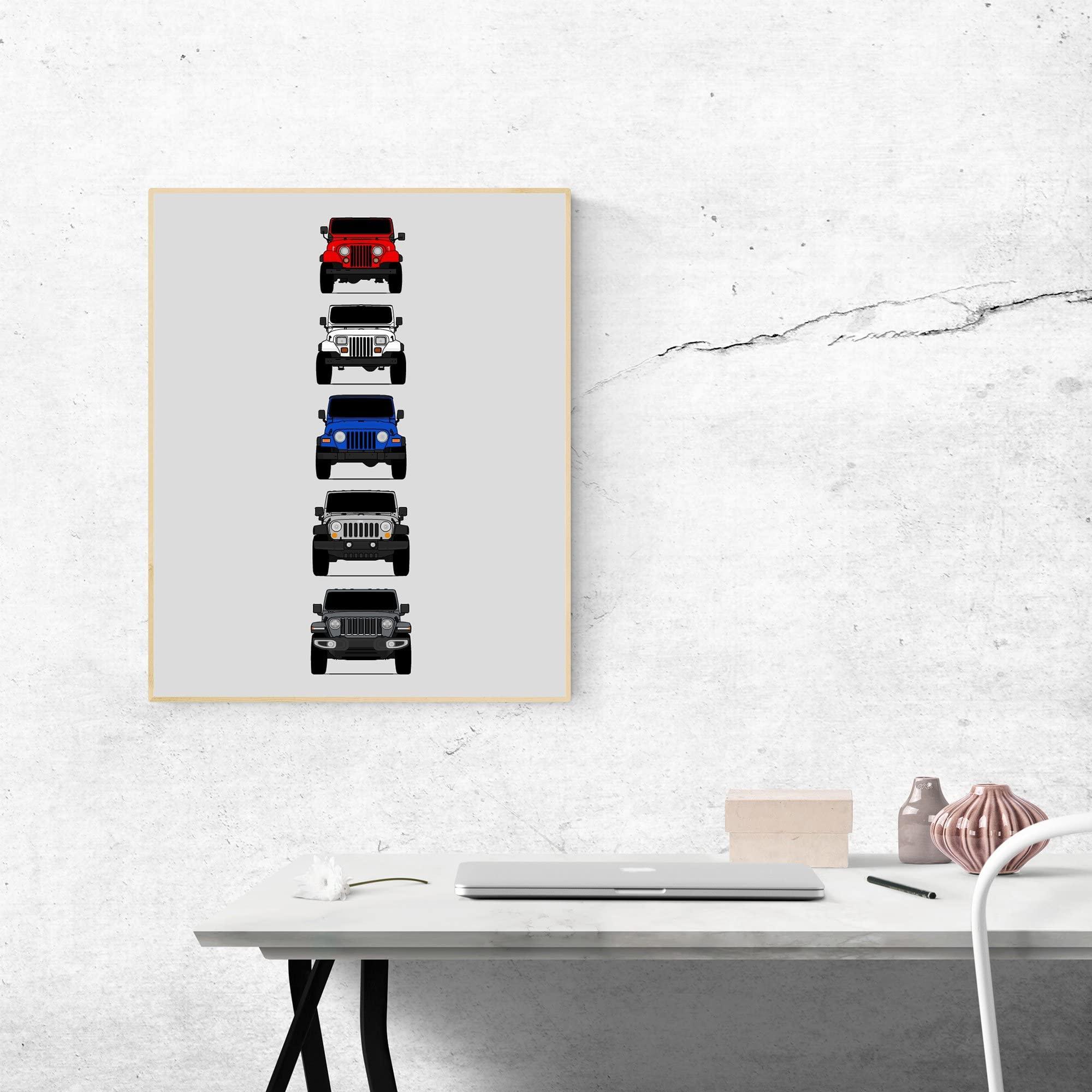 Custom Car Posters Custom Car Posters History of Jeep Wrangler Generations and Handmade Print of CJ, YJ, TJ, JK, JL - American, 11x14\" Satin Print (Unframed) - Gift for Car Enthusiast