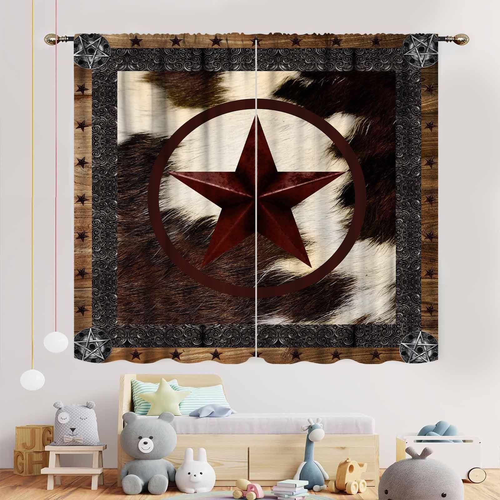 TKUYO Cow Print Curtains, Rustic Brown Cowhide Cow Printed Pattern Farmhouse Western Blackout Curtains for Bedroom Living Room Kitchen Texas Star Cow Skin Fur Window Treatments Drapes 2 Panel, 42"x63" Inch