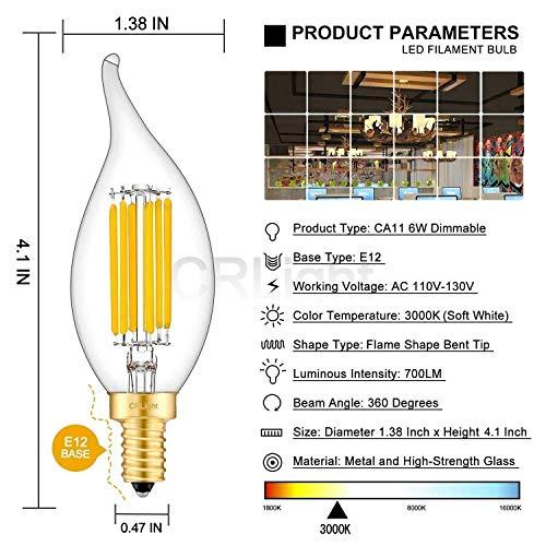 CRLight CRLight 6W LED Candelabra Bulb 3000K Soft White, 70W Equivalent 700LM, E12 Dimmable LED Chandelier Light Bulbs, Antique Edison Style CA11 Candle Flame Tip Clear Chandelier Light Bulbs, 8 Pack