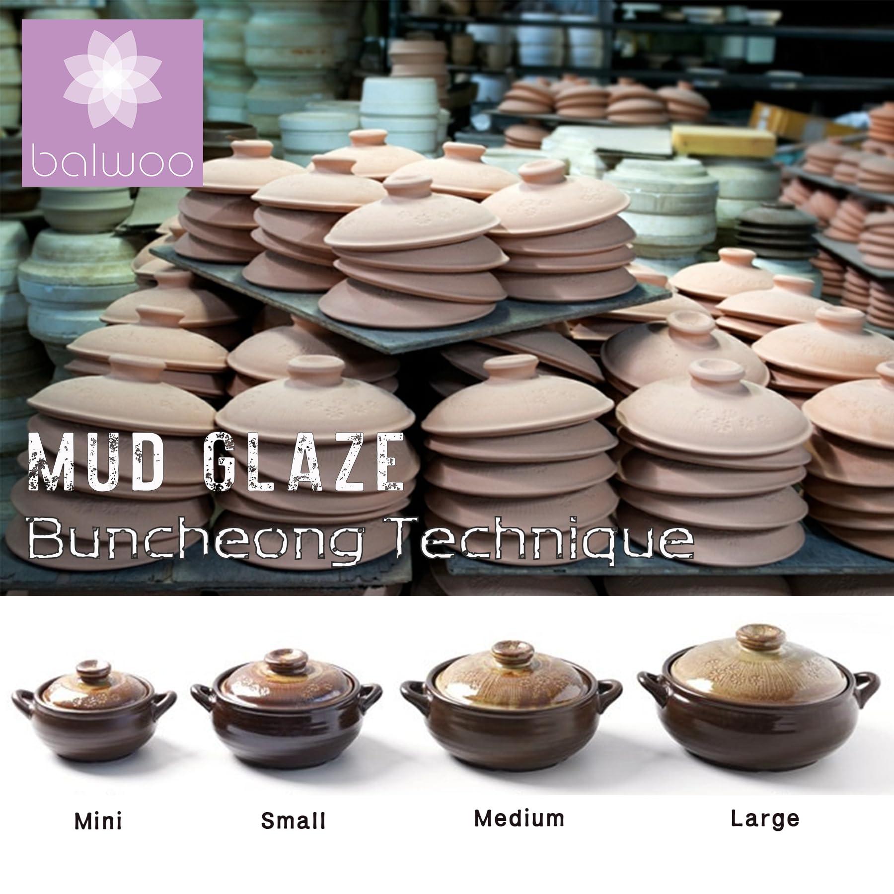 BALWOO BALWOO Korean Pot [Buncheong] MUD GLAZE Earthenware Ttukbaegi, Natural Ceramic Clay Cooking Pot Casserole, Heat Resistant Earthen Pot, Stone Bowl Stockpot Soup Crock, Pottery Bowl (Medium)