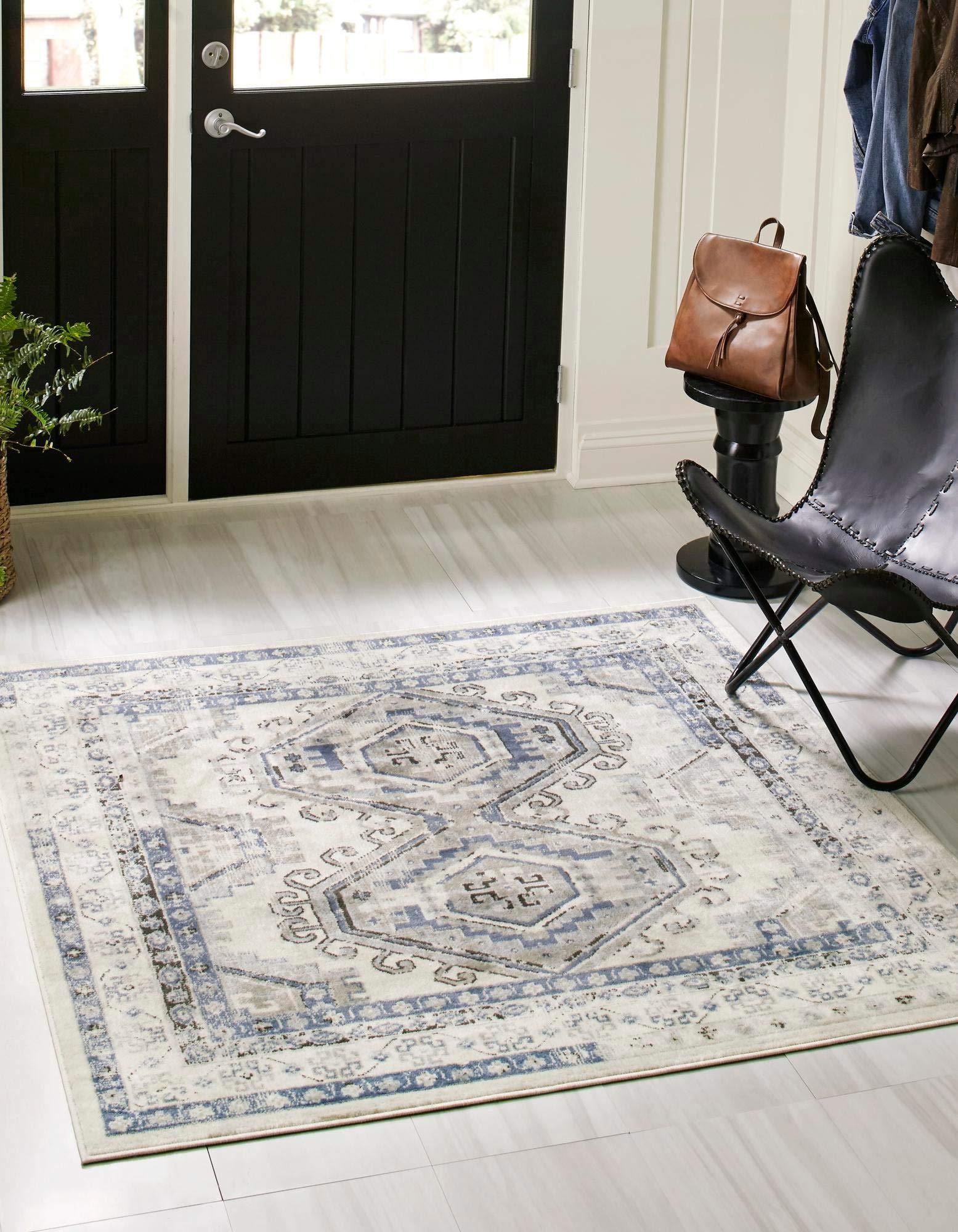 Rugs.com Rugs.com Charlotte Collection Rug 8 Ft Square Aqua Low-Pile Rug Perfect for Living Rooms, Kitchens, Entryways