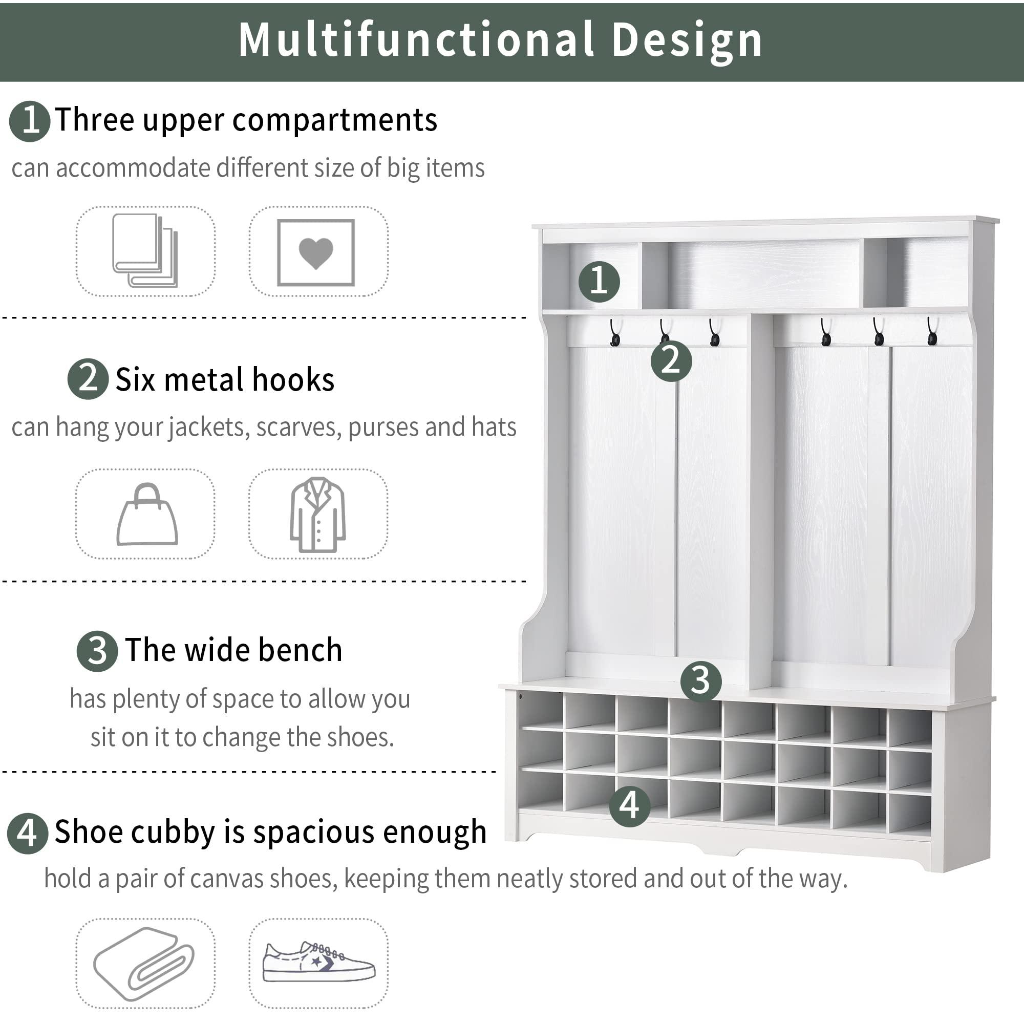 Merax Merax Hall Tree, Modern Style Multiple Functions Hallway Coat Rack with Metal Black Hooks, Entryway Bench 60" Wide Hall Tree with Ample Storage Space and 24 Shoe Cubbies (White, 60")